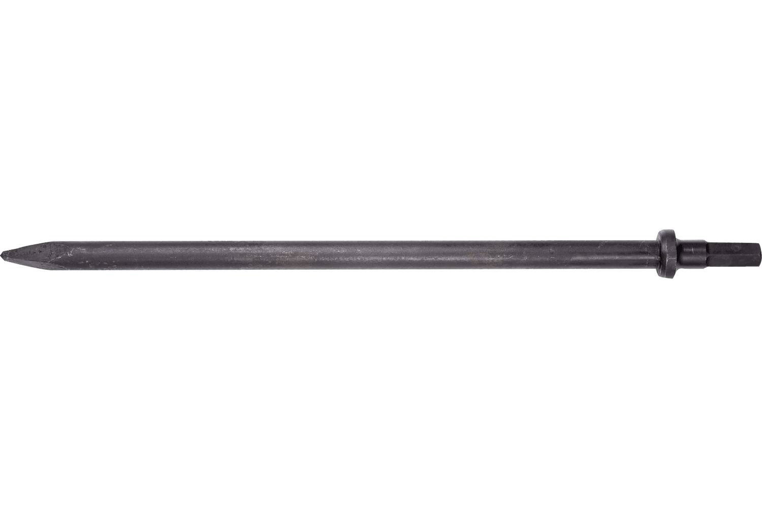 A black metal nail or spike with a pointed tip and ridged head, shown horizontally on a white background.