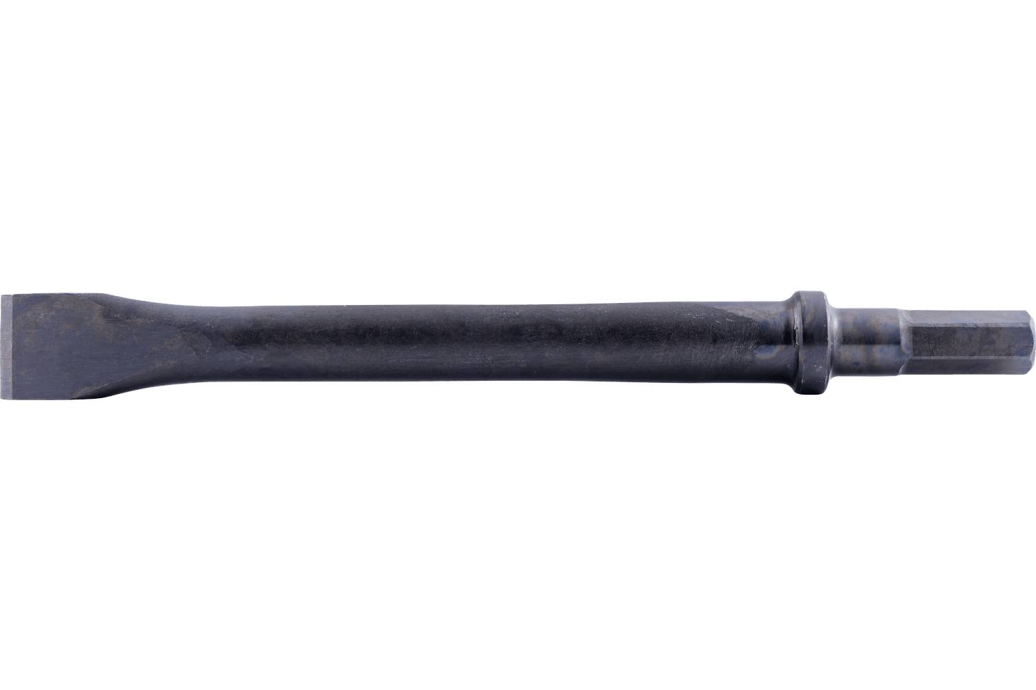 Black metal chisel or punch tool with a flat blade on one end and hexagonal shaft on the other, isolated on white background