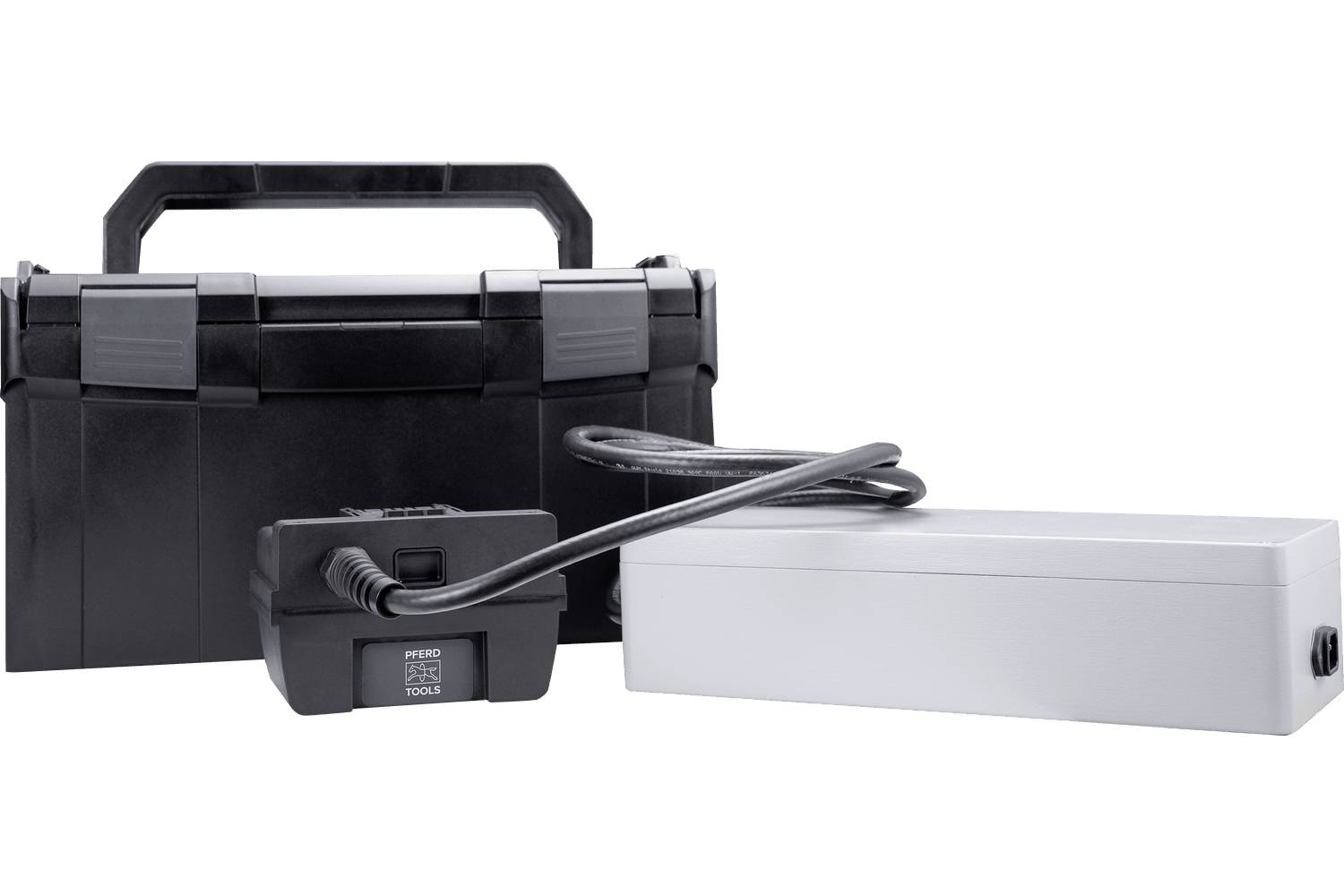 Black carrying case with a power adapter and cable next to a silver rectangular device, shown on a white background.