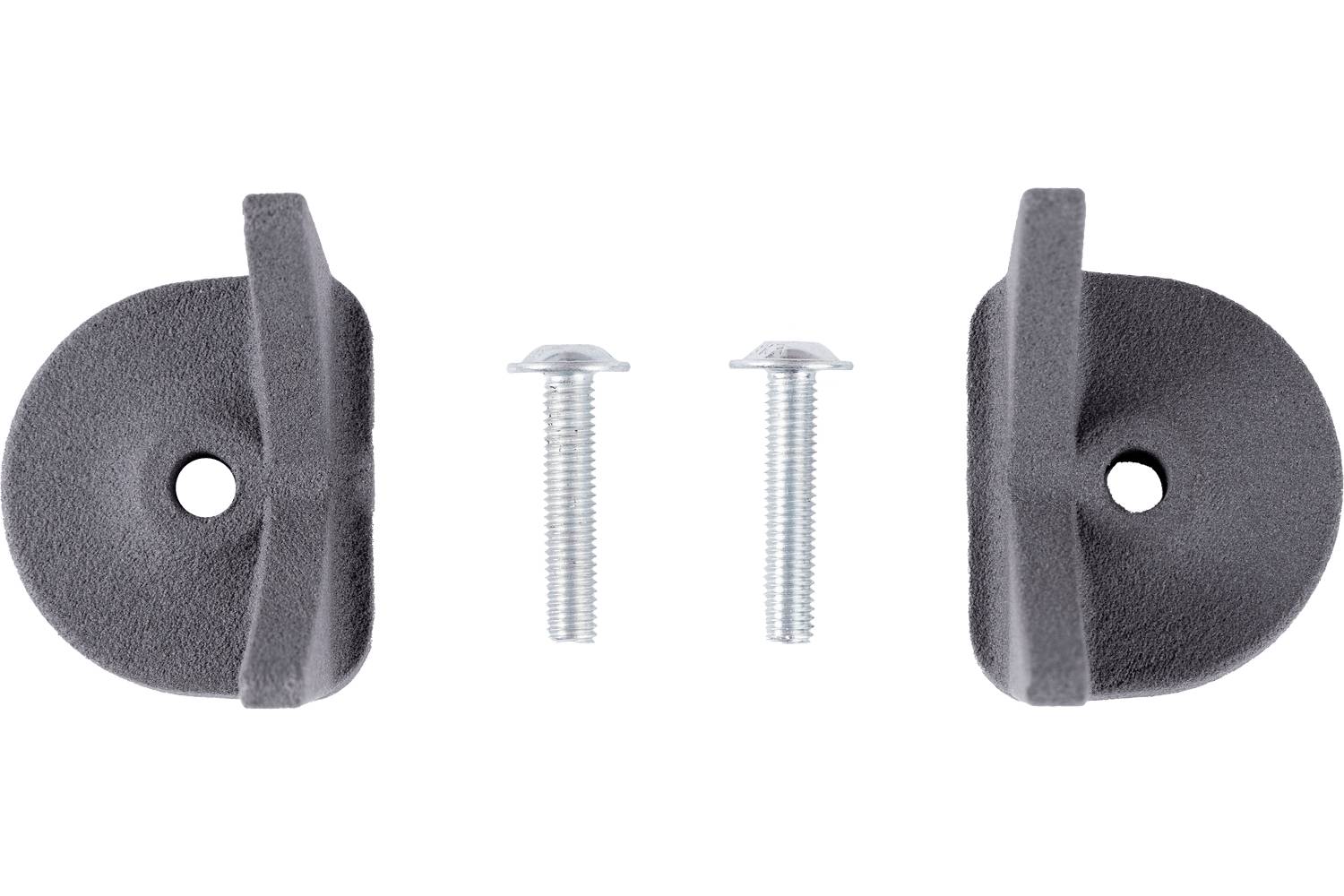 Two black plastic mounting brackets with two silver screws on a white background.