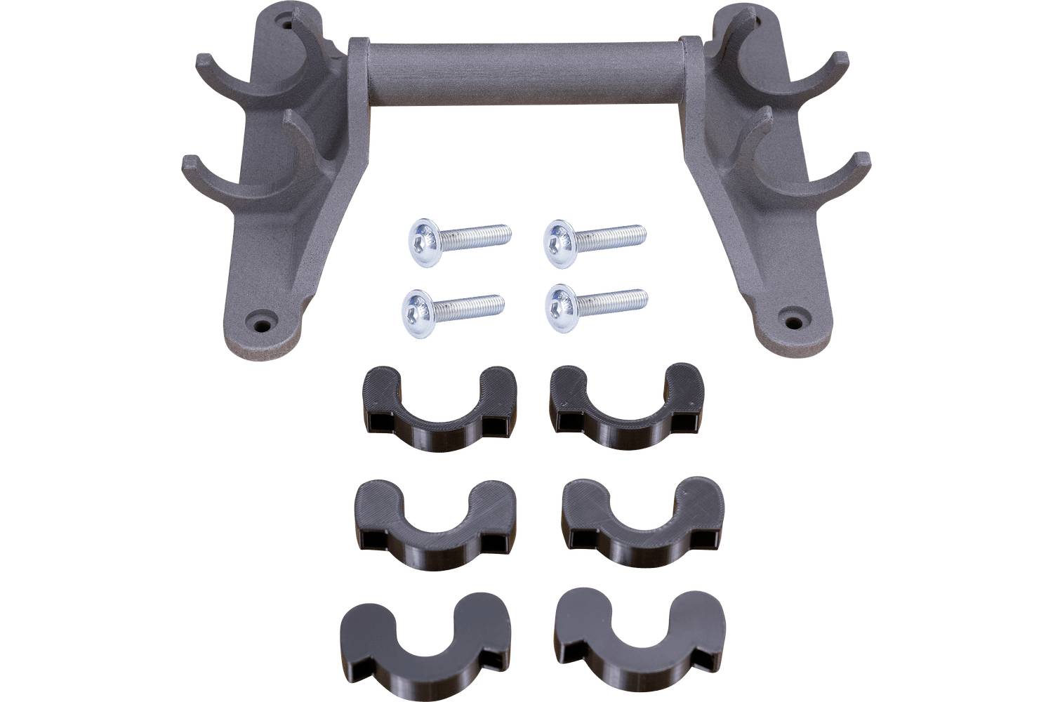 Wall-mounted rack set with two gray brackets, four screws, and six black clips for holding tools or rods.