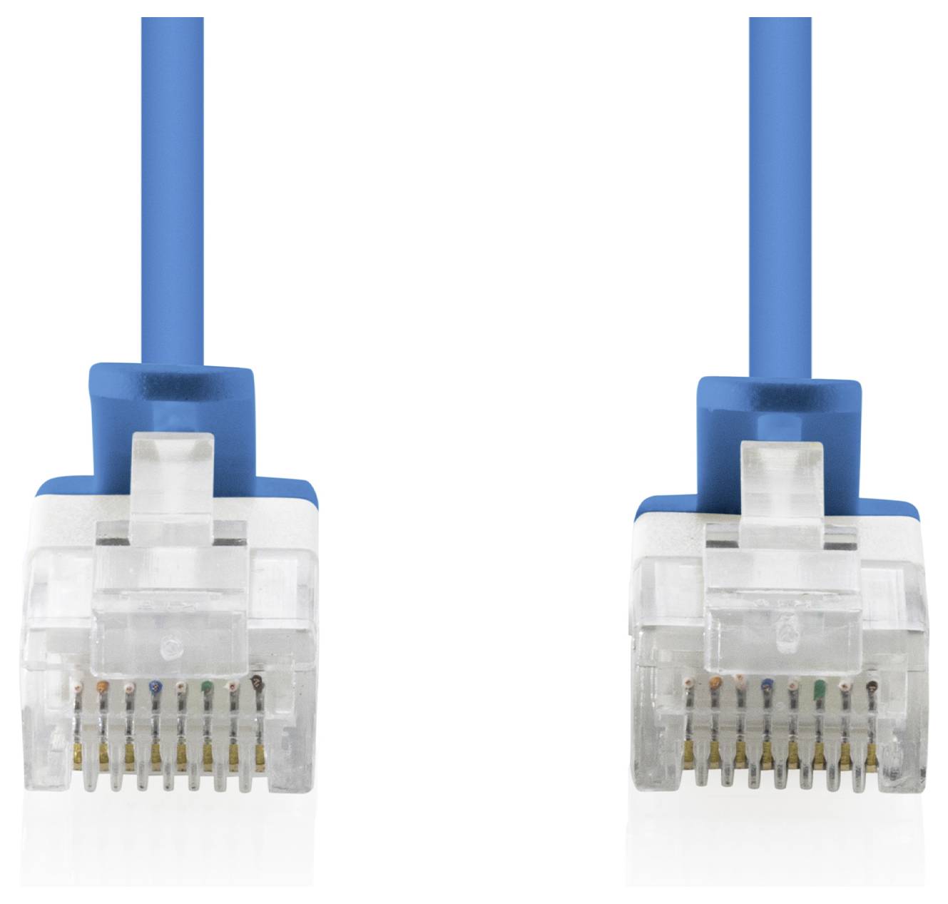 Zwei blaue Ethernet-Stecker mit durchsichtigen Steckern nebeneinander auf weißem Hintergrund abgebildet.