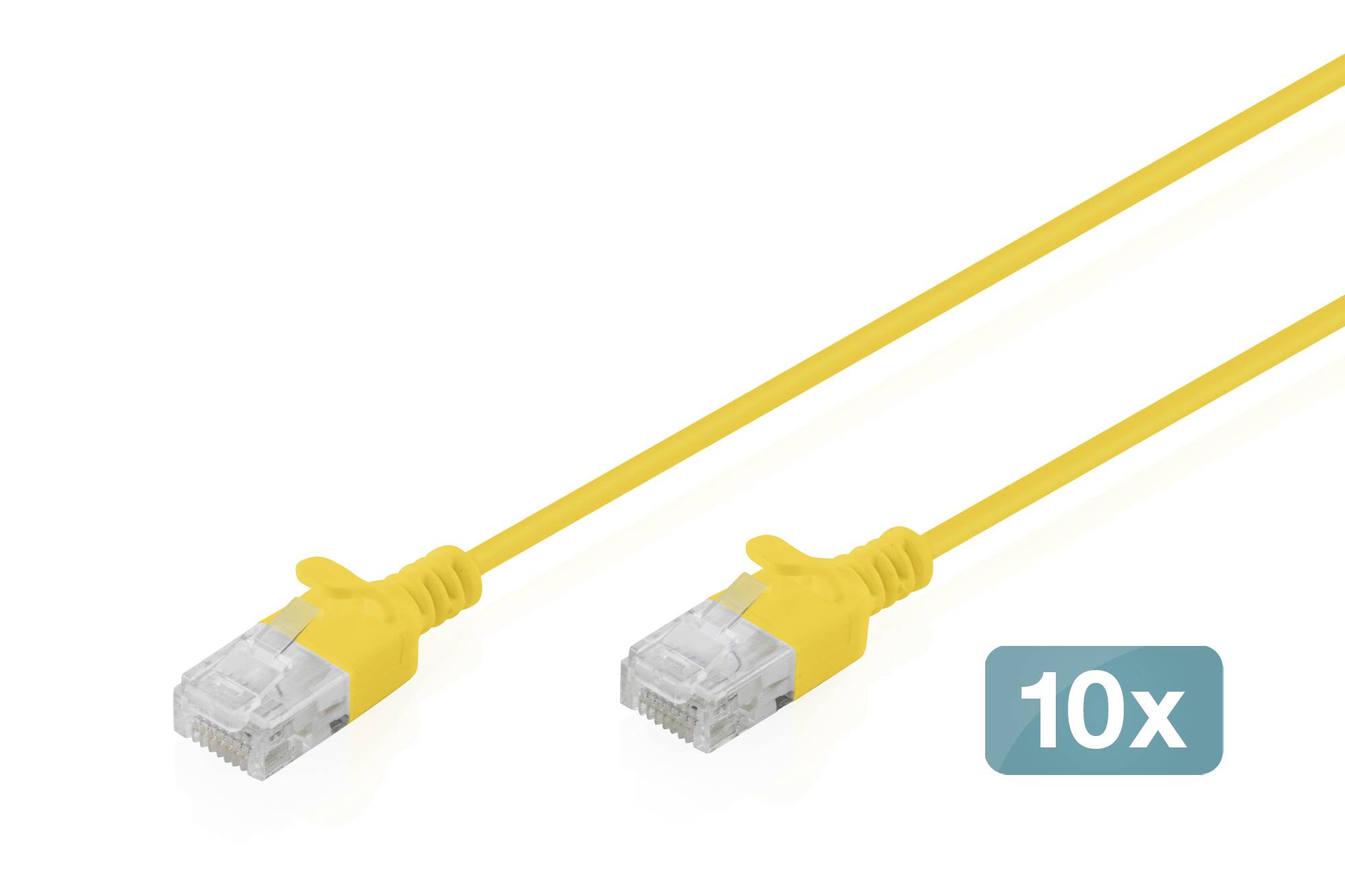 Câble Ethernet jaune avec connecteurs RJ45 présenté sur un fond blanc, étiqueté '10x'.