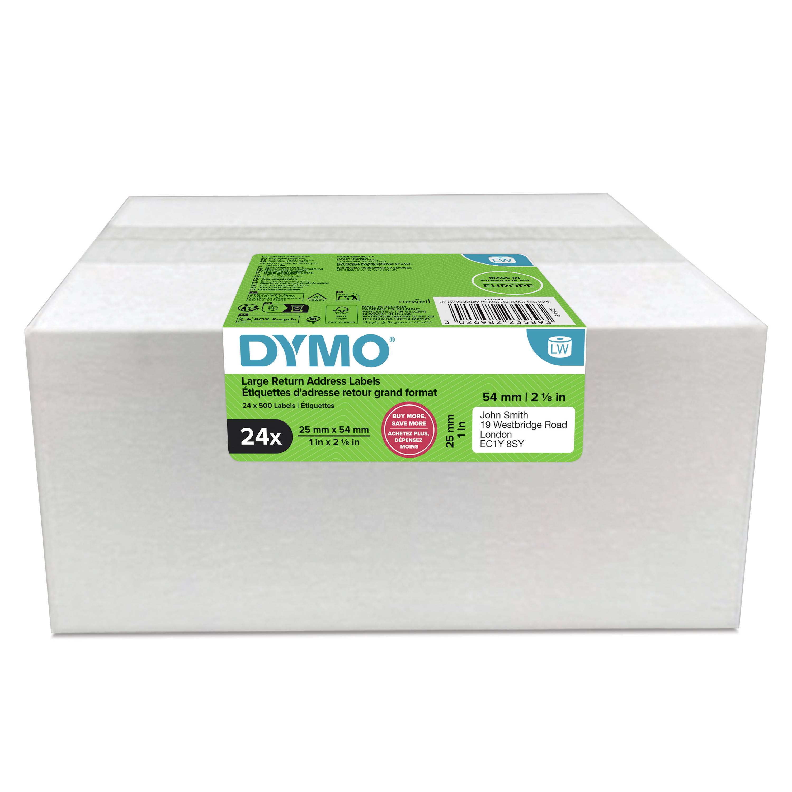 Une boîte d'étiquettes de retour DYMO grand format, affichant 24 étiquettes de dimensions 54 mm x 2 1/8 po.