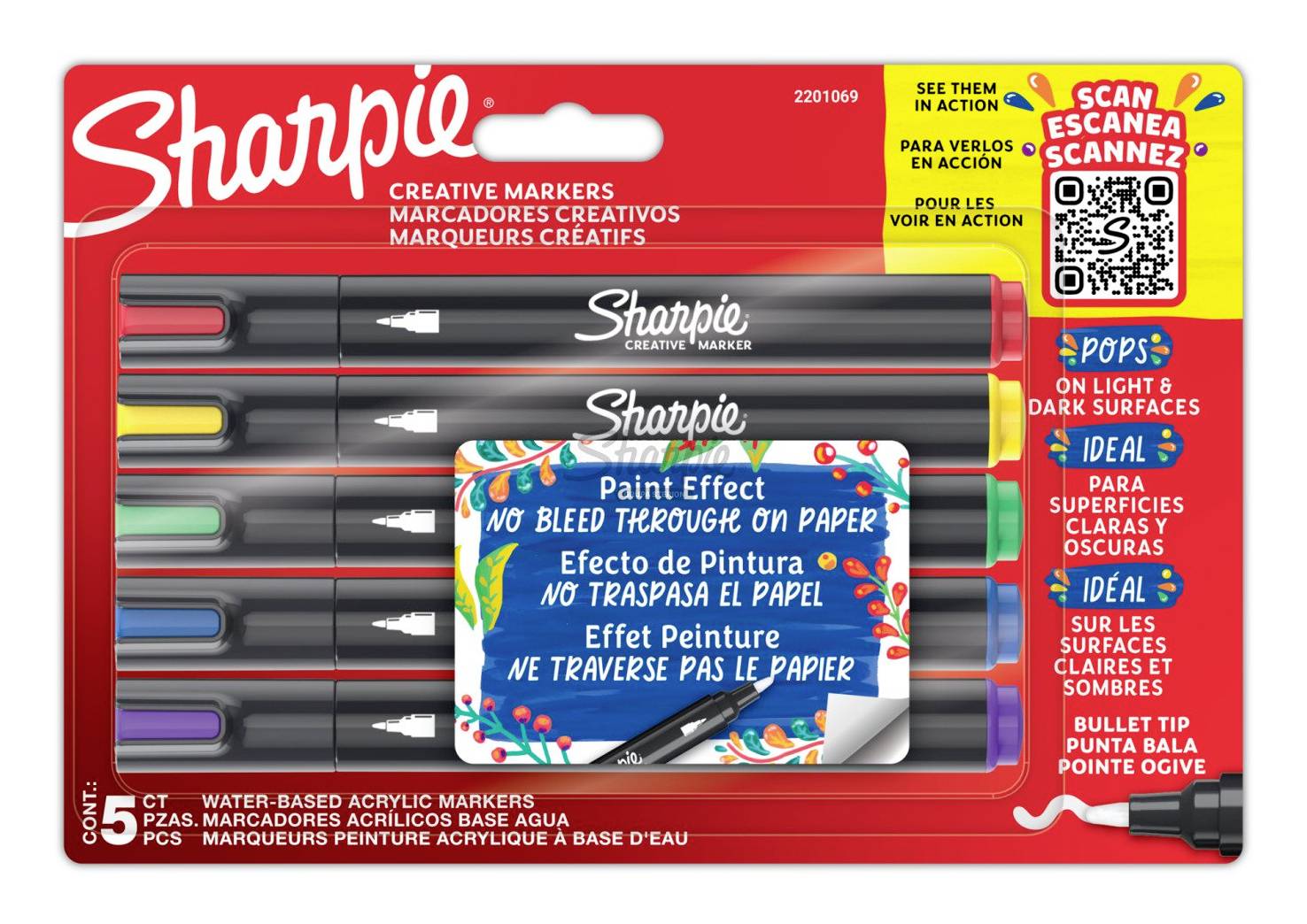 Paquet de marqueurs créatifs Sharpie, 5 stylos de peinture acrylique à base d'eau avec pointes biseautées ; l'étiquette indique « Pas de saignement sur le papier » et comprend un code QR.