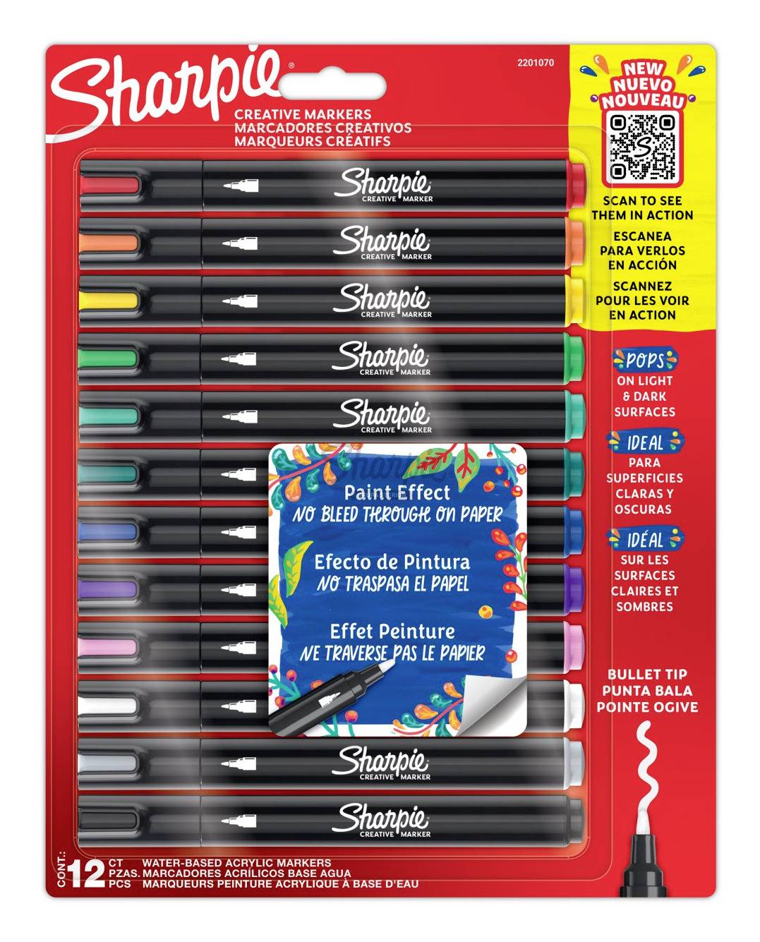 Ensemble de 12 marqueurs acryliques à base d'eau Sharpie avec couleurs assorties et emballage « Paint Effect », avec pointe de balle et notes de visibilité de surface.