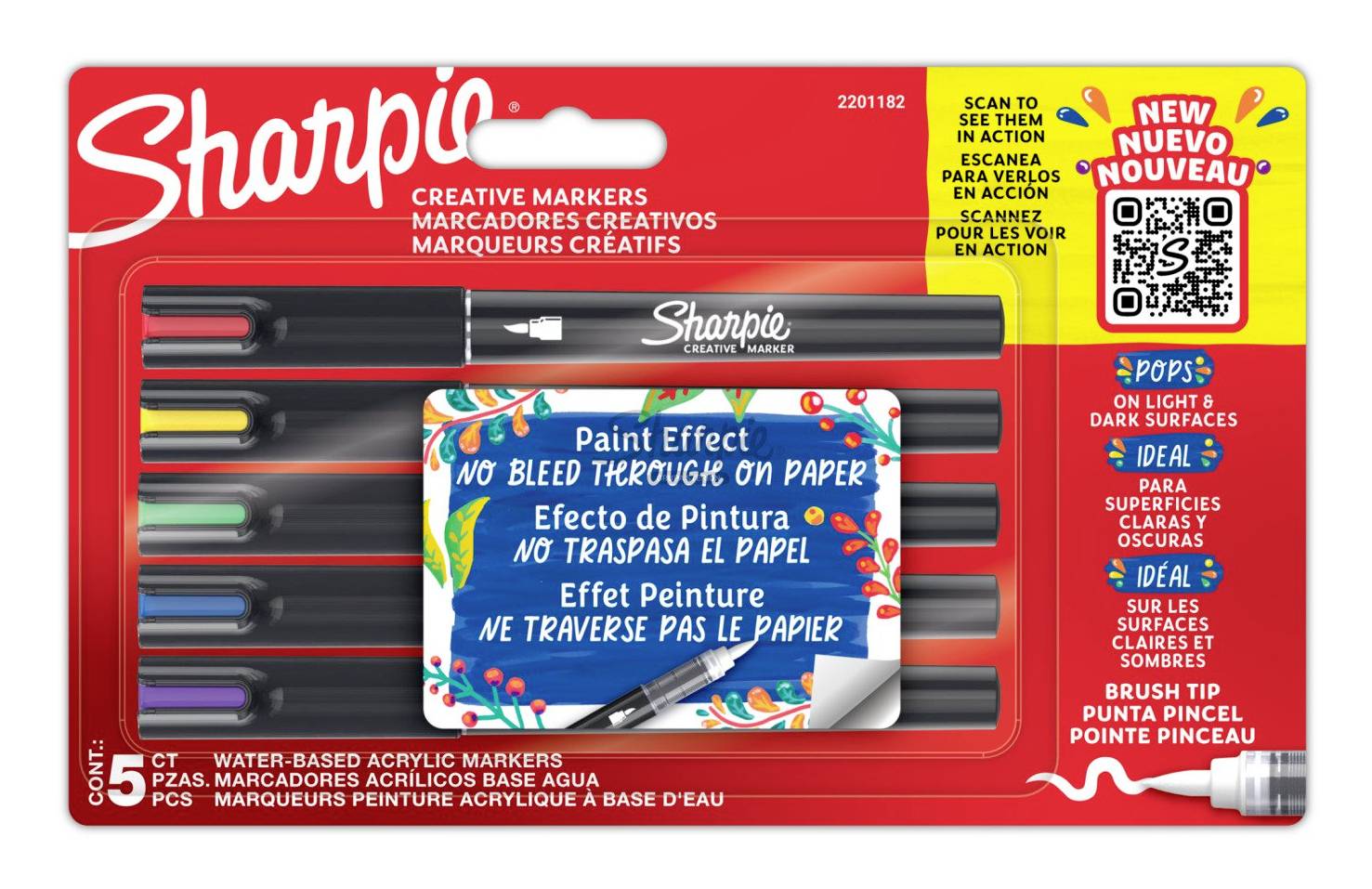 Marqueurs créatifs Sharpie, coffret de 5 pièces dans un emballage rouge, montrant cinq couleurs et l'effet « Paint Effect » sans saignement sur papier.