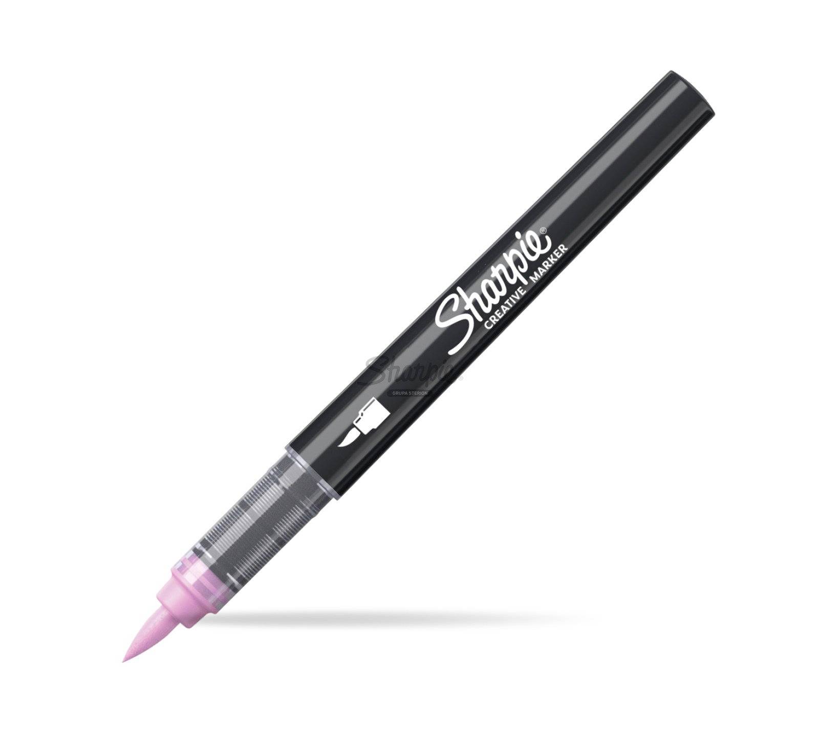Marqueur créatif Black Sharpie avec pointe de pinceau rose sur fond blanc.