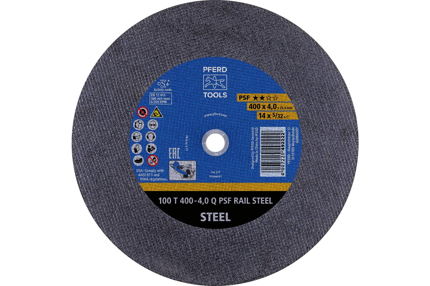 A PFERD abrasive cut-off wheel labeled 'STEEL', '100 T 400-4,0 Q PSF RAIL STEEL', shown front-on on a white background.