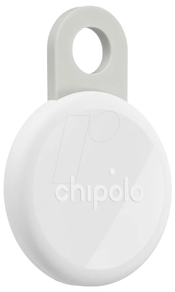 White Chipolo circular Bluetooth tracker with a gray keyring loop, shown front view on a plain background.