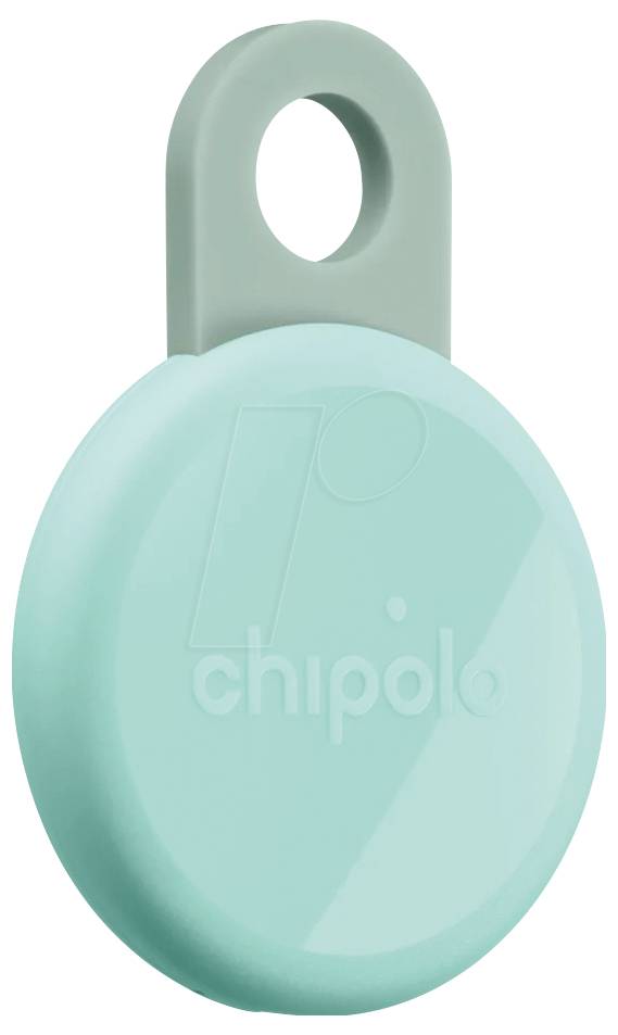 Un traceur Bluetooth Chipolo circulaire vert menthe avec une boucle de porte-clés, présenté sur un fond blanc.