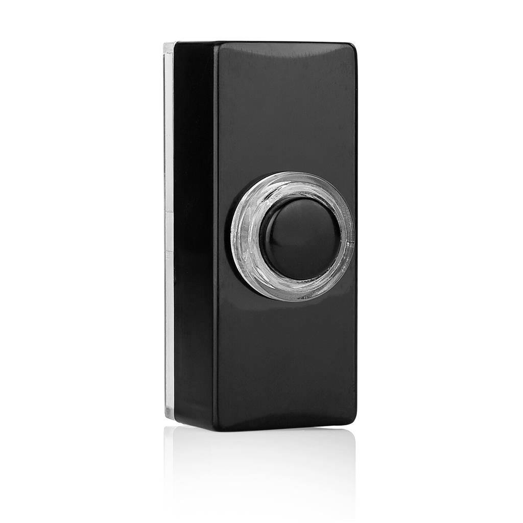 Bouton de sonnette rectangulaire noir avec un anneau circulaire transparent autour du bouton central à presser, présenté sur un fond blanc.
