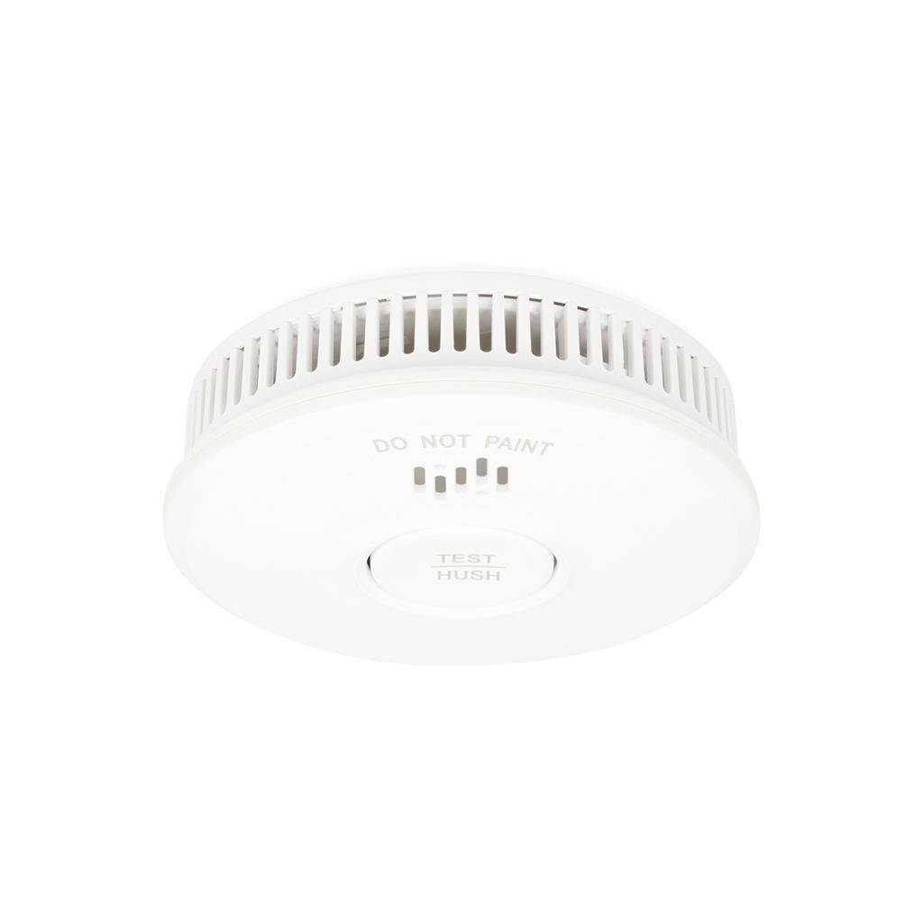White round smoke detector with side vents and a central 'TEST HUSH' button on a plain white background.