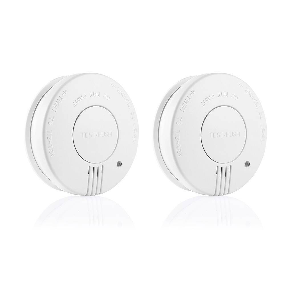 Two white round smoke detectors shown side by side on a white background.