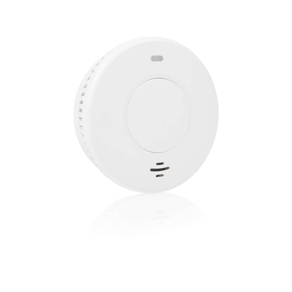 White round smoke detector with a central test button and small indicator light.