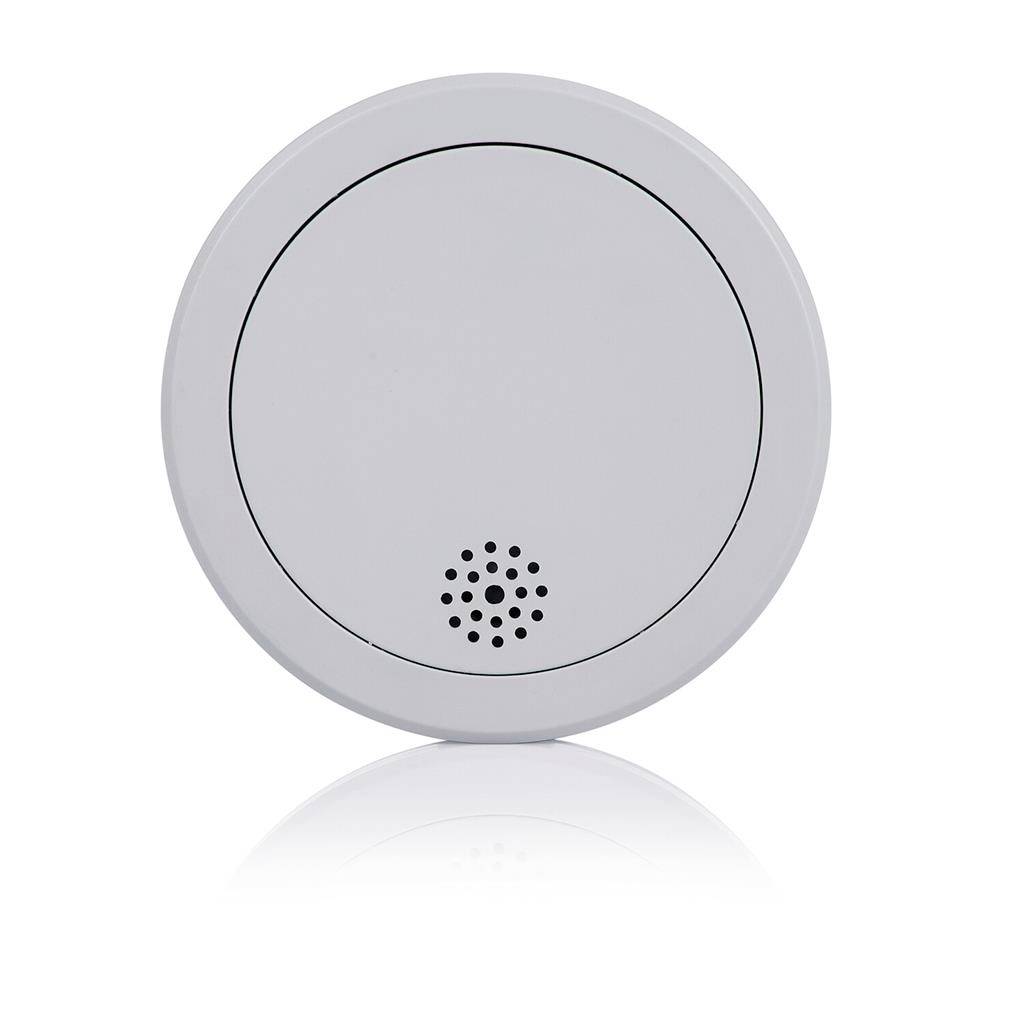 Round white smoke detector with a small speaker vent at the bottom, shown on a plain background.