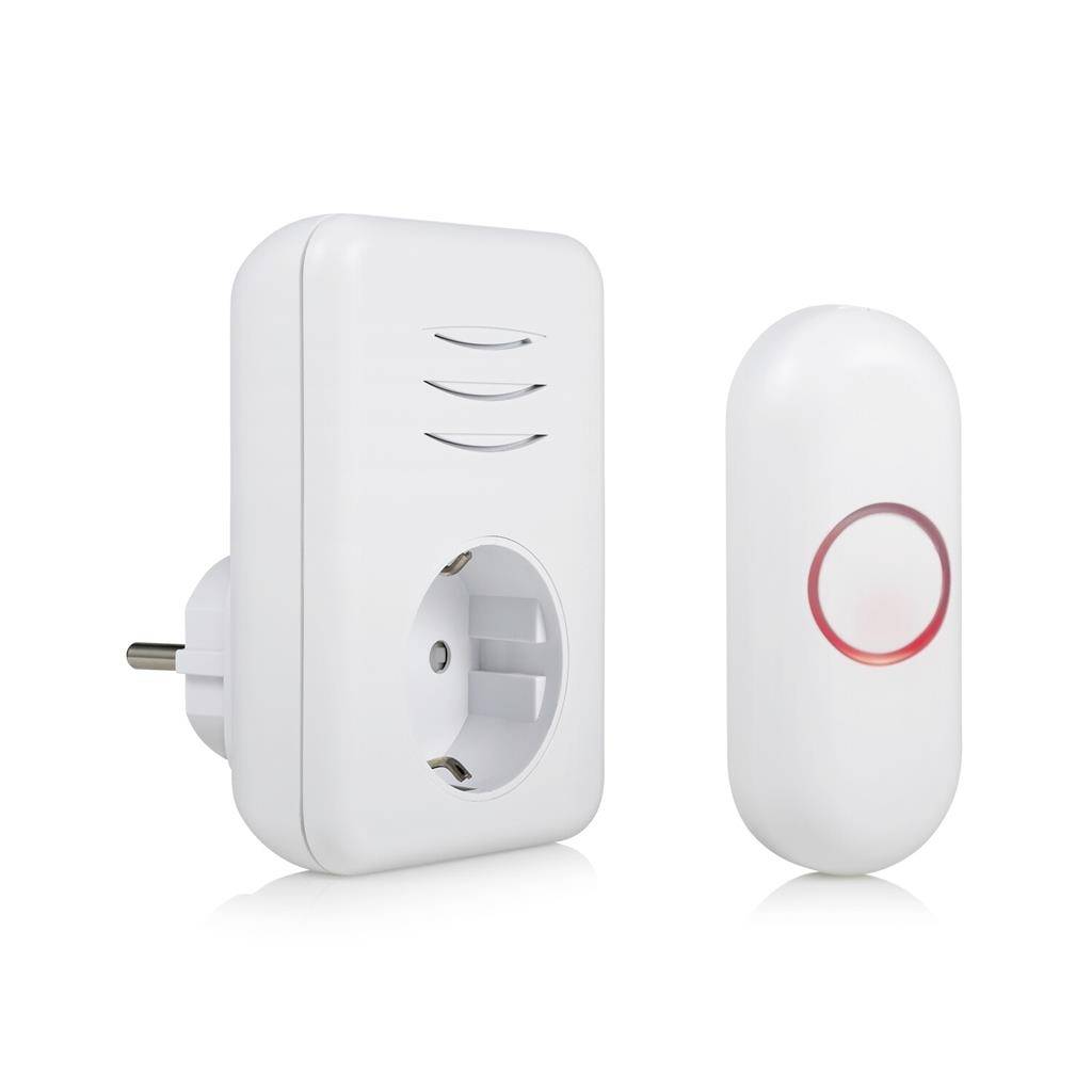 White plug-in wireless doorbell set: a wall socket receiver with indicator lights and a matching oval push button with red ring.