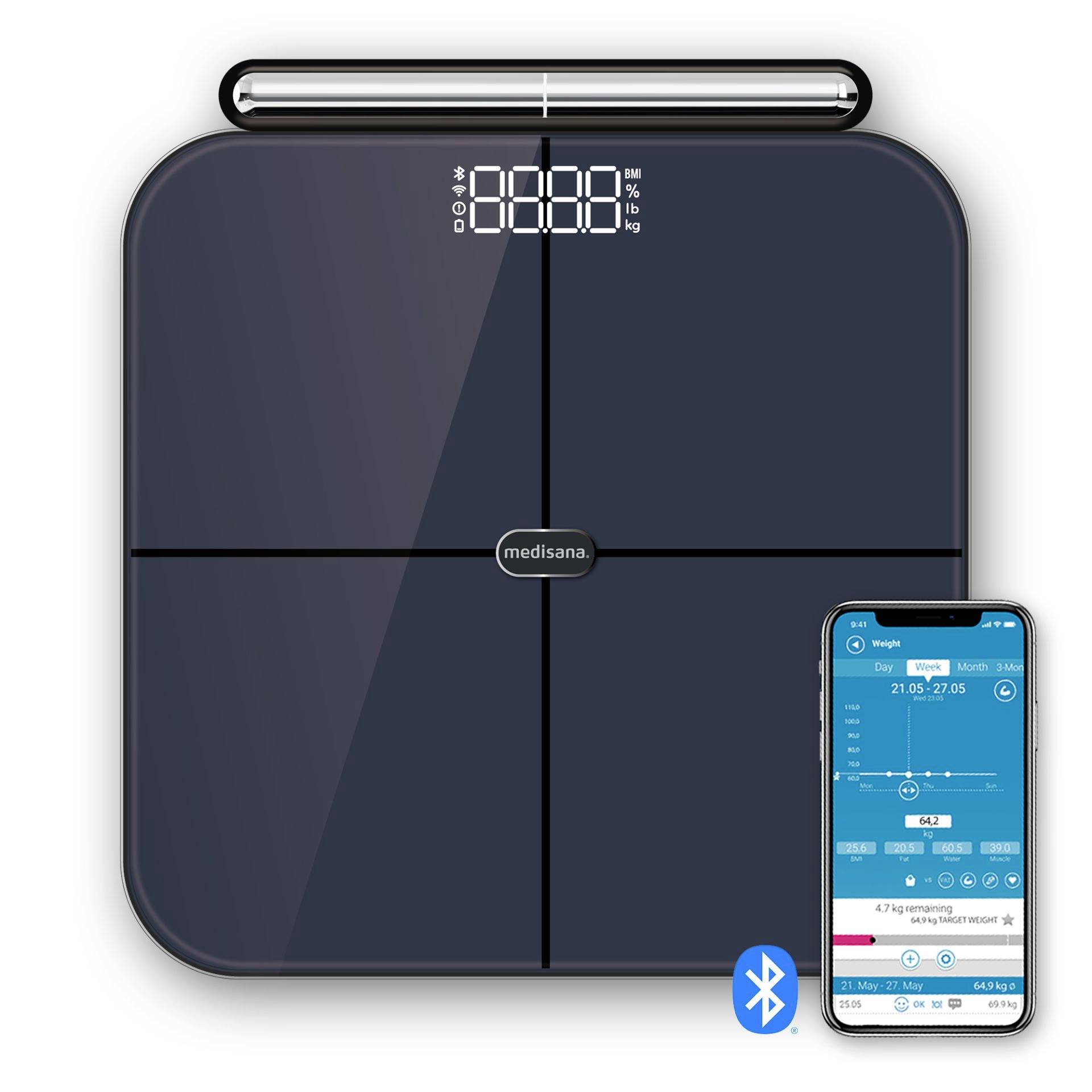 Balance numérique pour salle de bain avec Bluetooth et affichage via application smartphone, présentant le suivi du poids et les métriques corporelles.