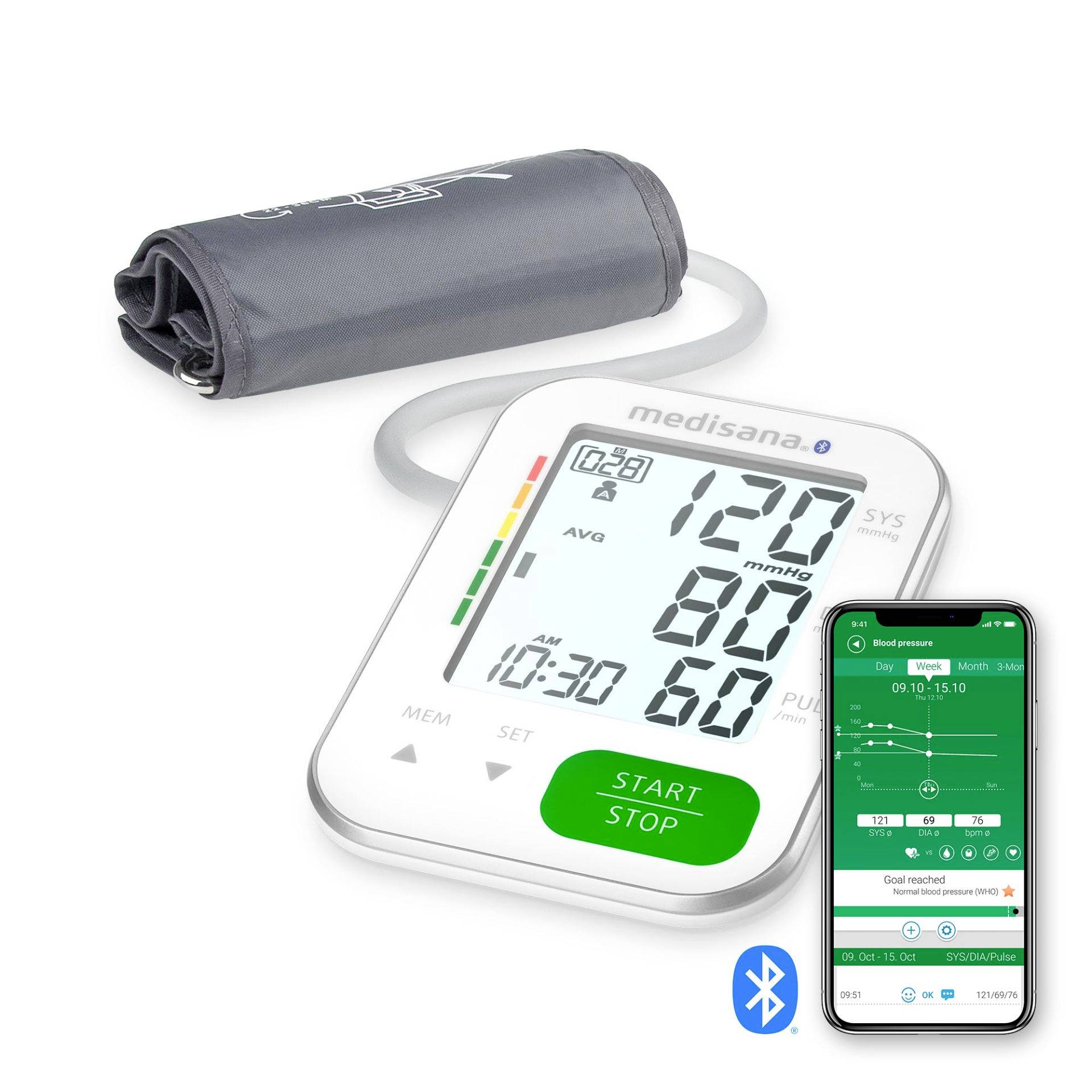 Digital blood pressure monitor with cuff and smartphone app showing connected readings via Bluetooth.