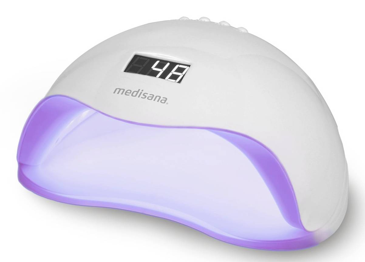 Lampe à ongles UV Medisana blanche avec lueur violette et affichage du minuteur numérique affichant 48 sur fond blanc.