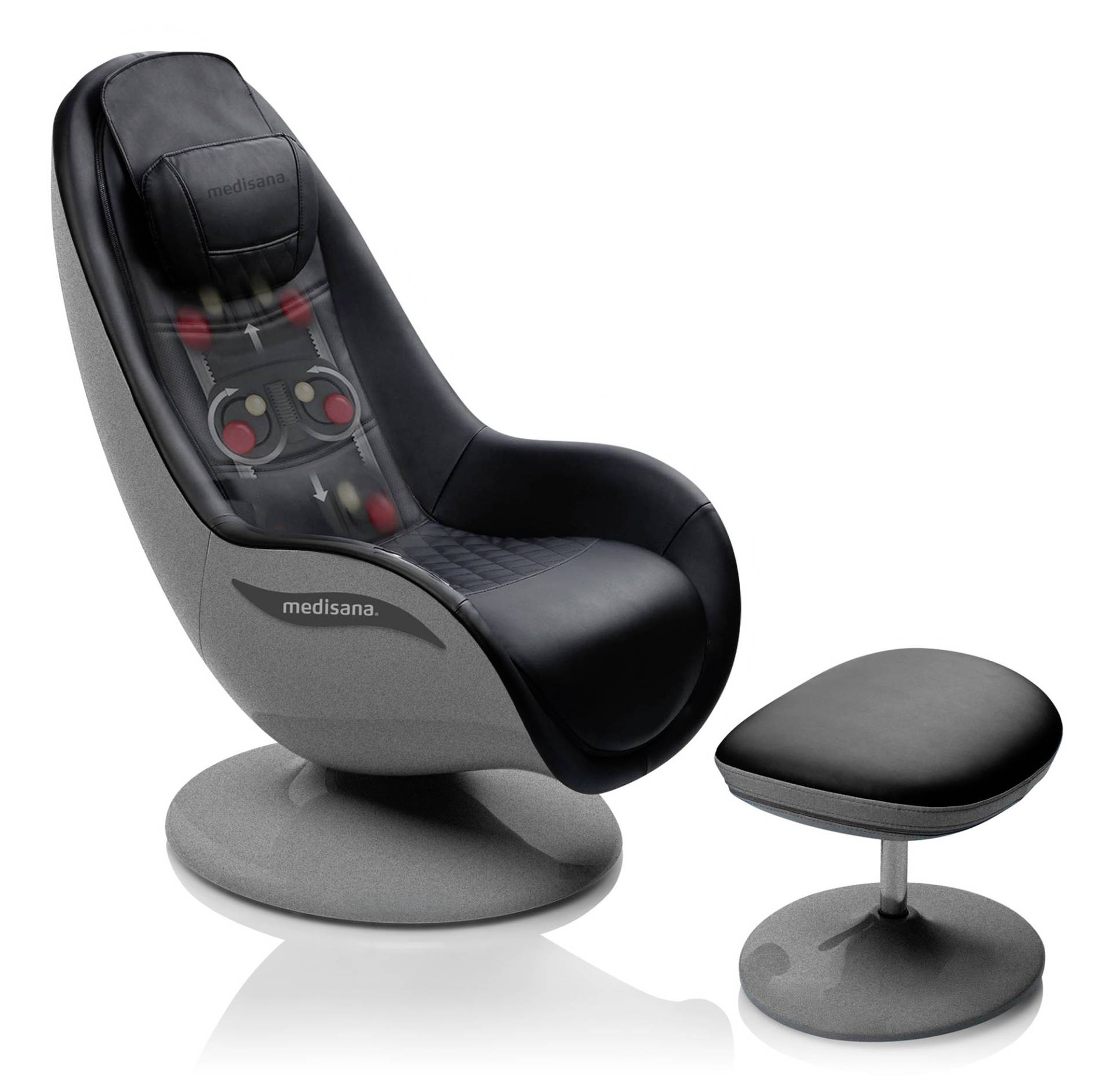 Chaise de massage noir et gris avec zones de contrôle du dossier/siège visibles, présentée à côté d'un pouf rond assorti sur fond blanc.