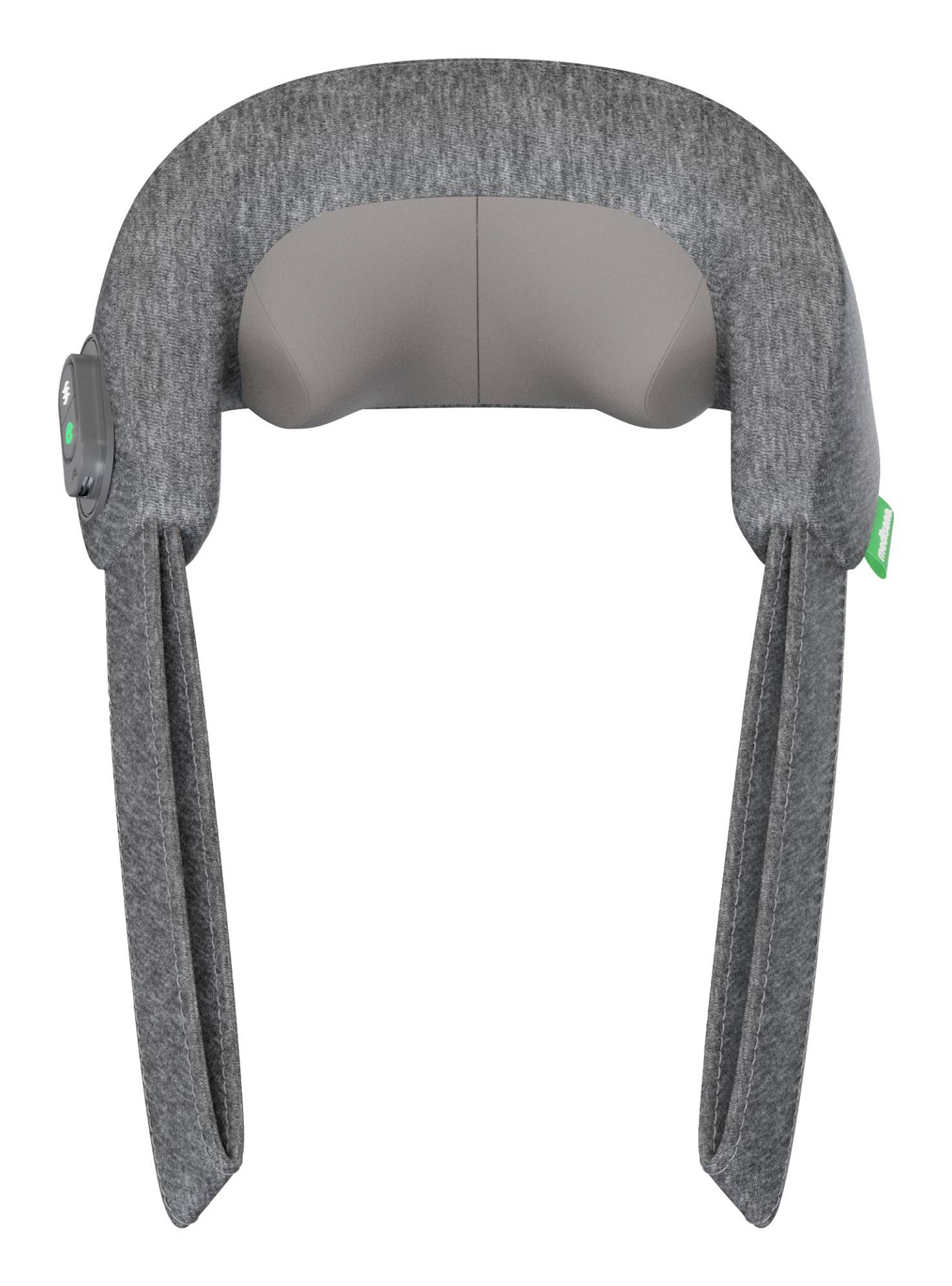 Masseur cervical et des épaules gris portable avec appuie-tête rembourré et deux longues sangles en tissu pendantes sur un fond blanc.