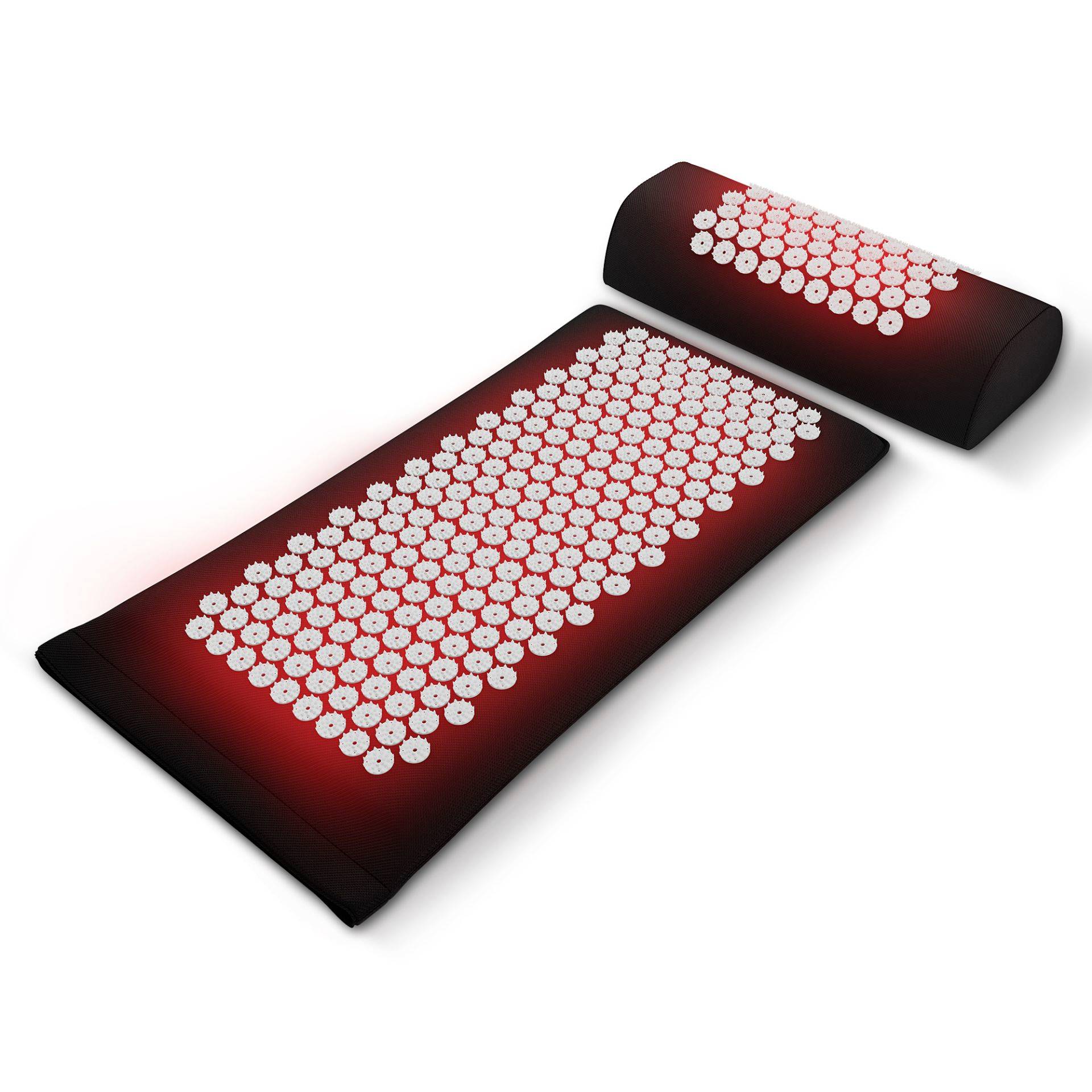 Tapis de luminothérapie infrarouge rouge avec coussin cervical assorti dotés de nombreux nœuds LED, présentés sur un fond blanc.