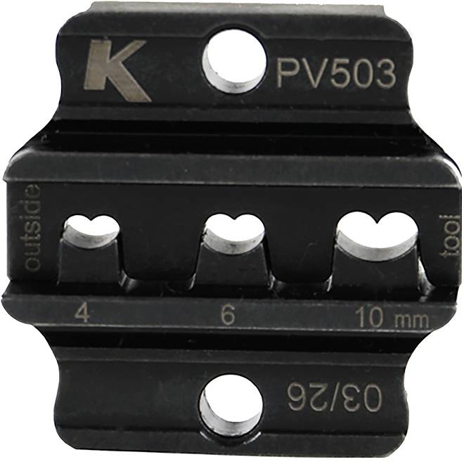 Black metal tool die labeled 'K PV503' with three semi-circular cutouts marked 4, 6, and 10 mm.