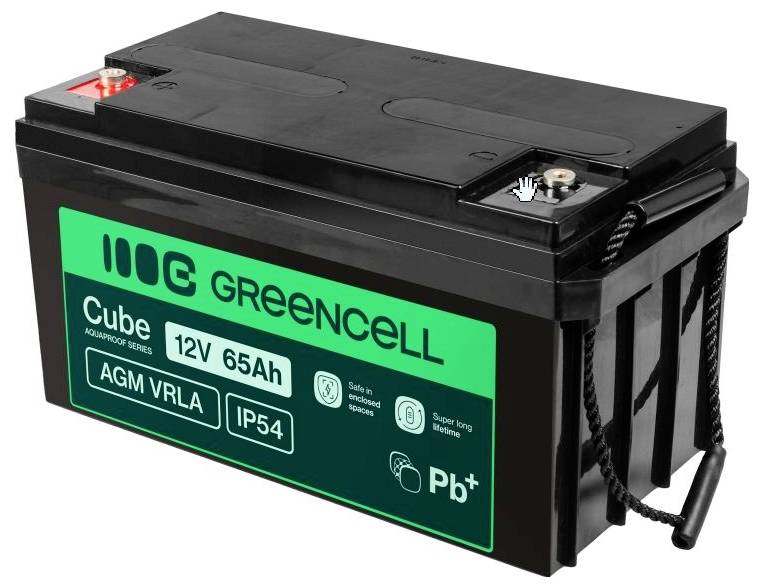 Batterie AGM VRLA Black Greencell étiquetée « 12V 65Ah » et « IP54 » avec bornes rouges et argentées.