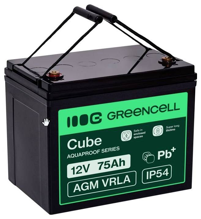 Batterie AGM VRLA 12V 75Ah Black Greencell Cube avec bornes supérieures et poignées de transport, étiquetée IP54 et Pb+.