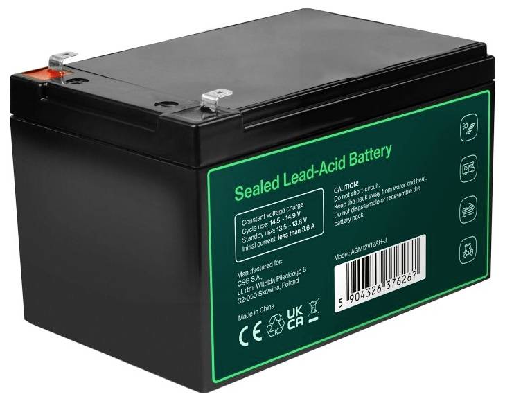 Batterie au plomb étanche avec sceau noir, étiquette verte, bornes en haut et code-barres sur la face avant.