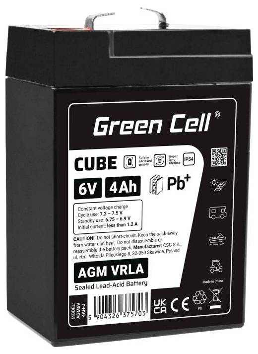 Black Green Cell CUBE 6V 4Ah AGM VRLA versiegelte Blei-Säure-Batterie mit Produktetikett und Griffen oben.
