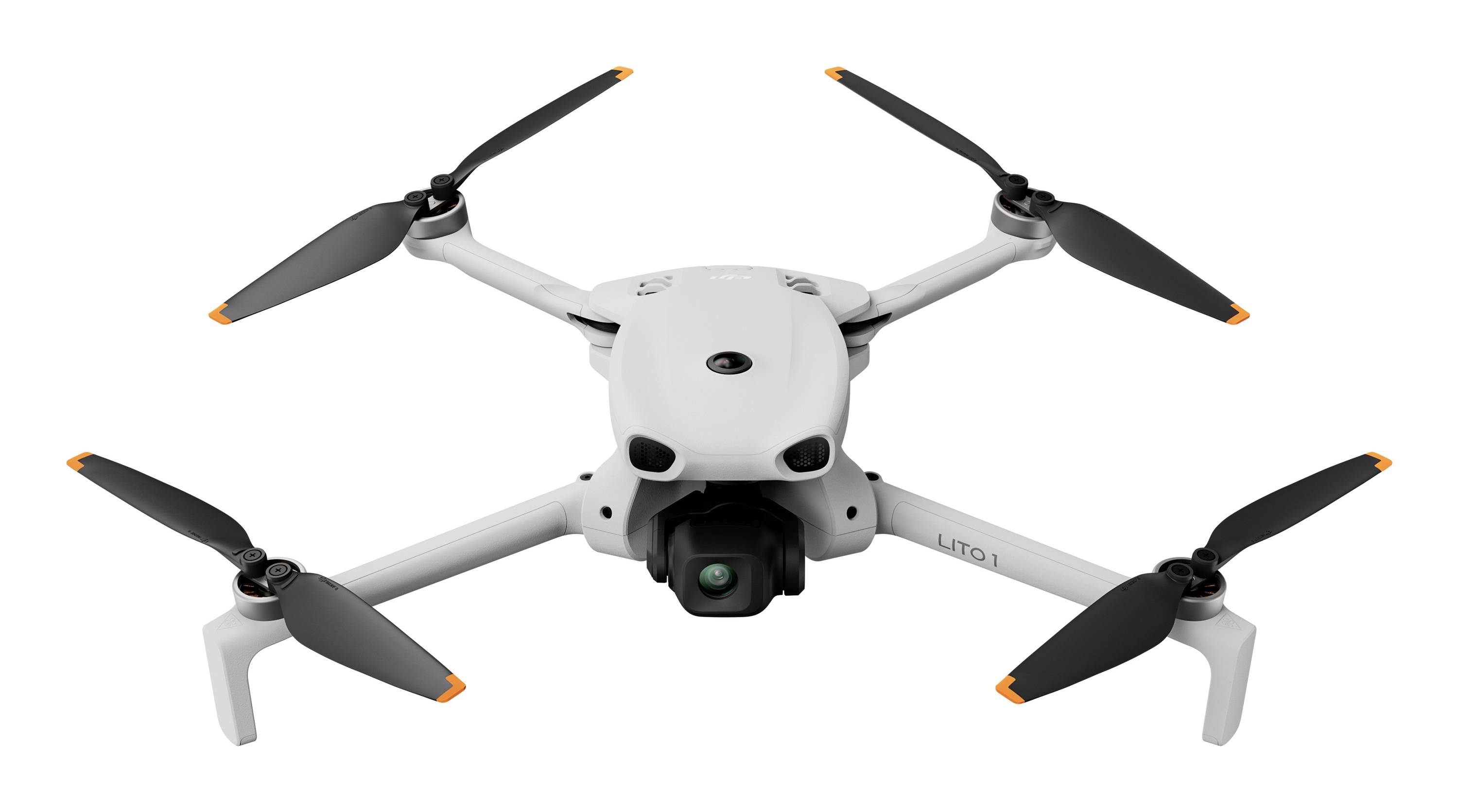Drone quadcoptère blanc avec caméra montée dessous, présenté sur un fond blanc uni.