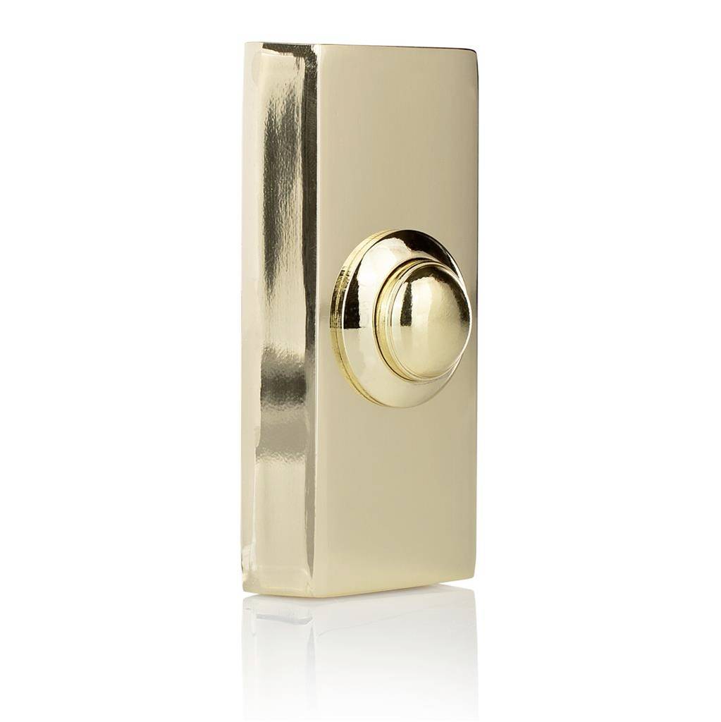 Gold rectangular doorbell button on a white background with a reflective finish.