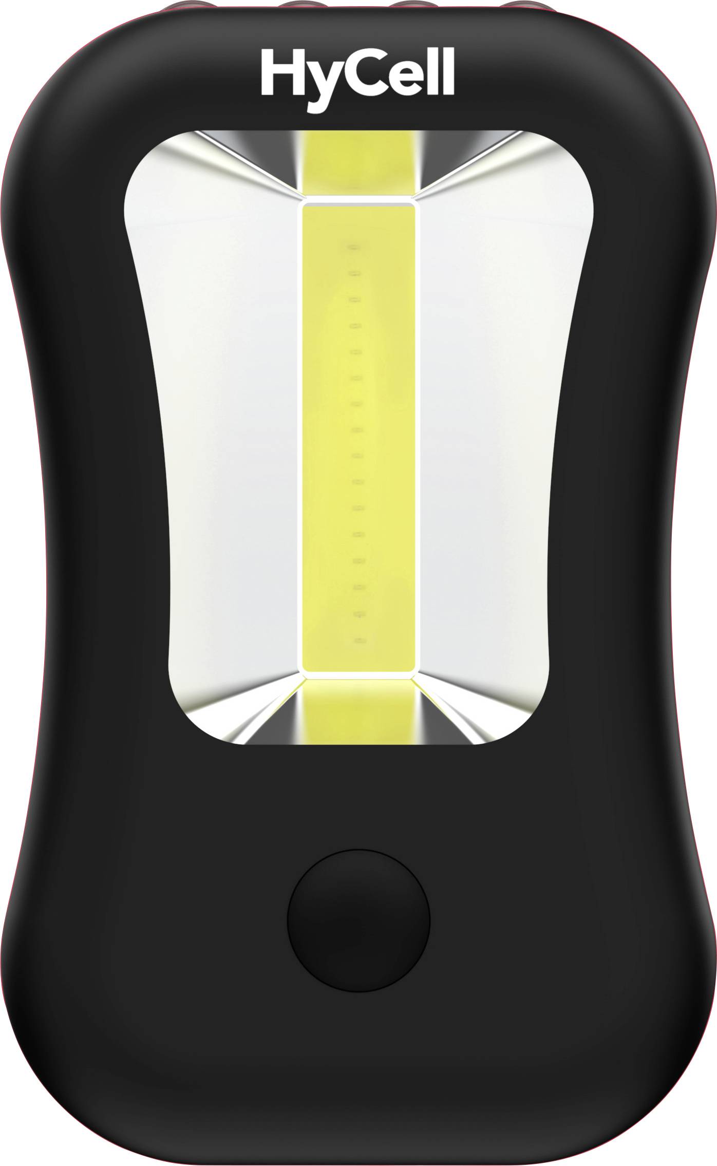 Lampe de poche rechargeable HyCell noire avec une bande lumineuse LED jaune et un bouton d'alimentation rond.