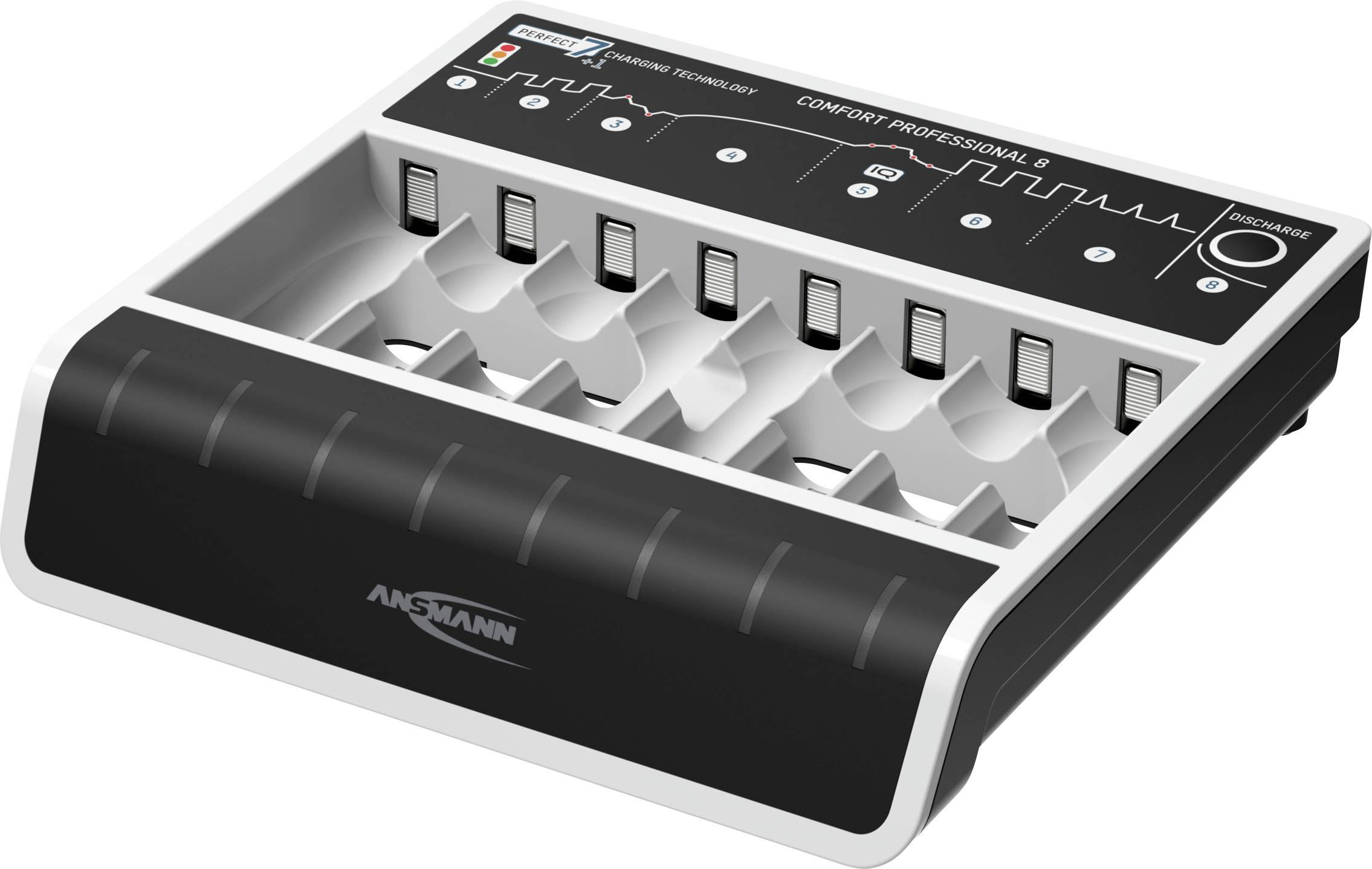 Chargeur de batterie à huit emplacements avec des baies de charge individuelles, des indicateurs LED et un panneau de contrôle pour différents types de batterie et l'état de charge.