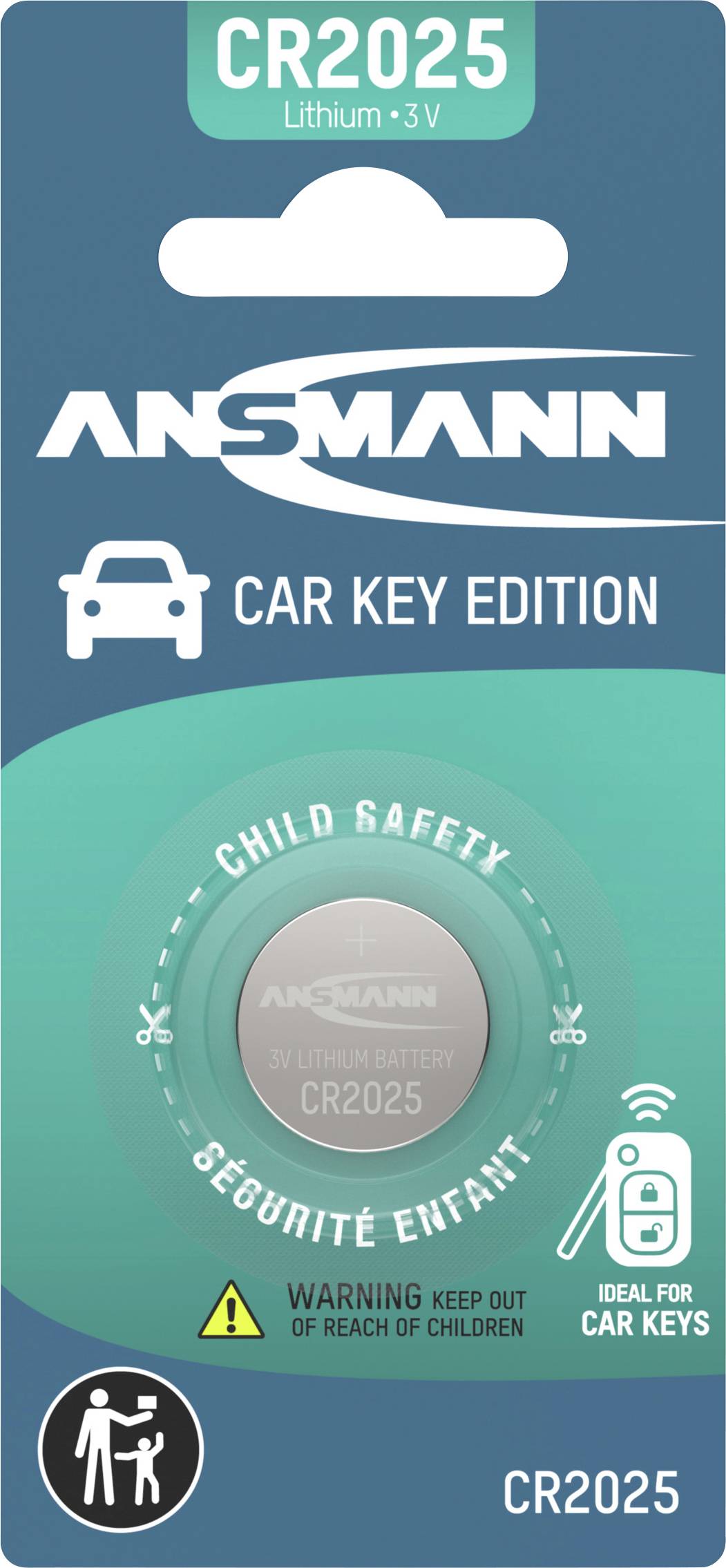 Bloc de batterie ANSMANN CR2025 lithium 3V étiqueté « Édition Clé de Voiture » et « Sécurité Enfant », avec avertissement de tenir hors de portée des enfants.