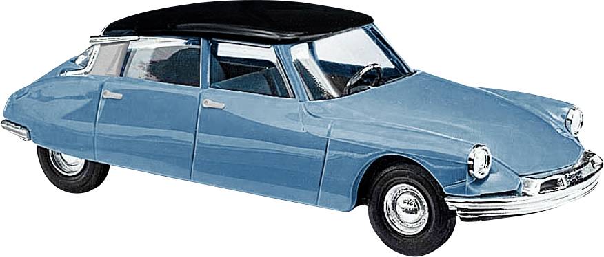 Modèle de voiture vintage bleue à quatre portes avec toit noir, présenté en vue latérale sur fond blanc.