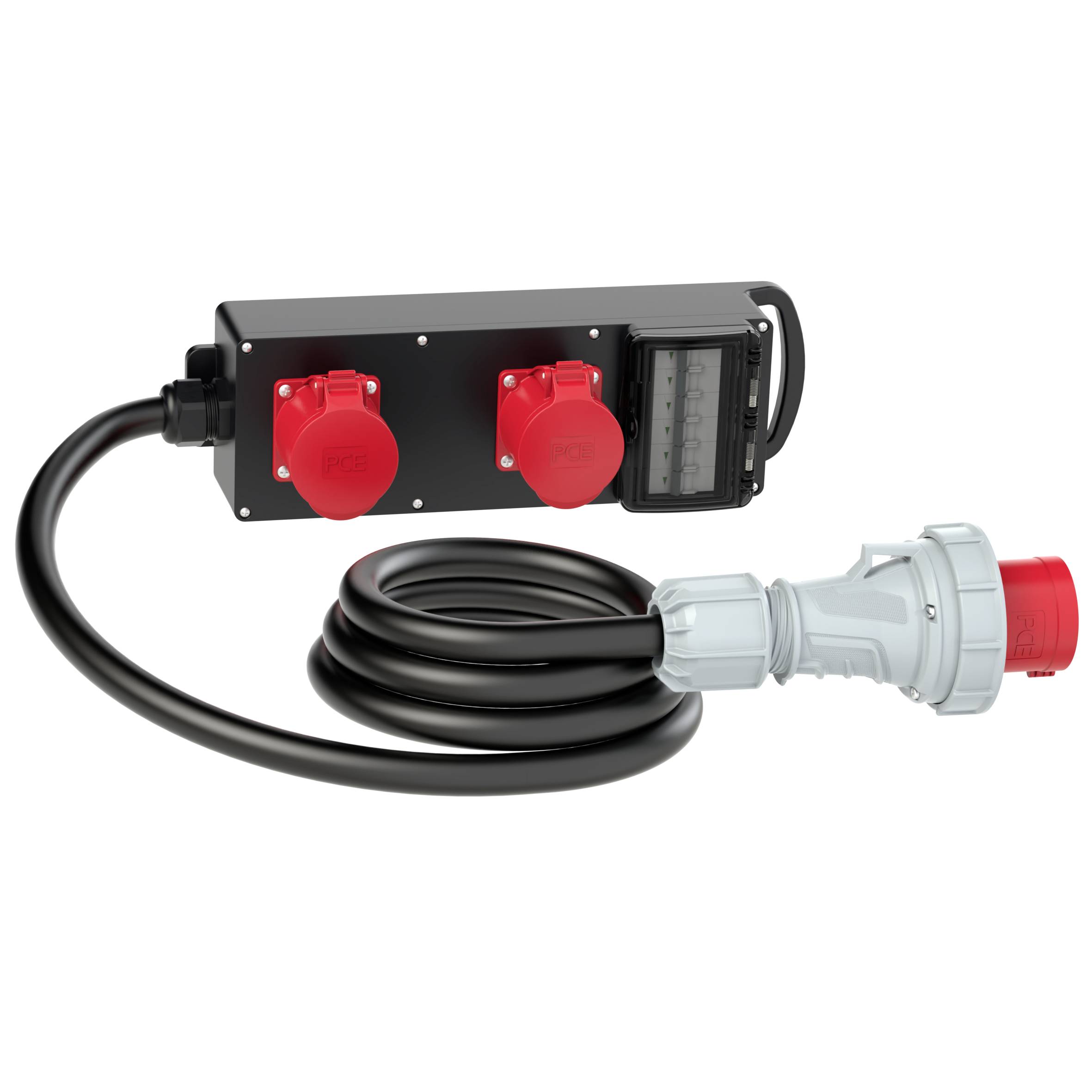 Boîtier de distribution d'énergie industrielle portable avec deux prises rouges, câble attaché et grand connecteur de prise sur fond blanc
