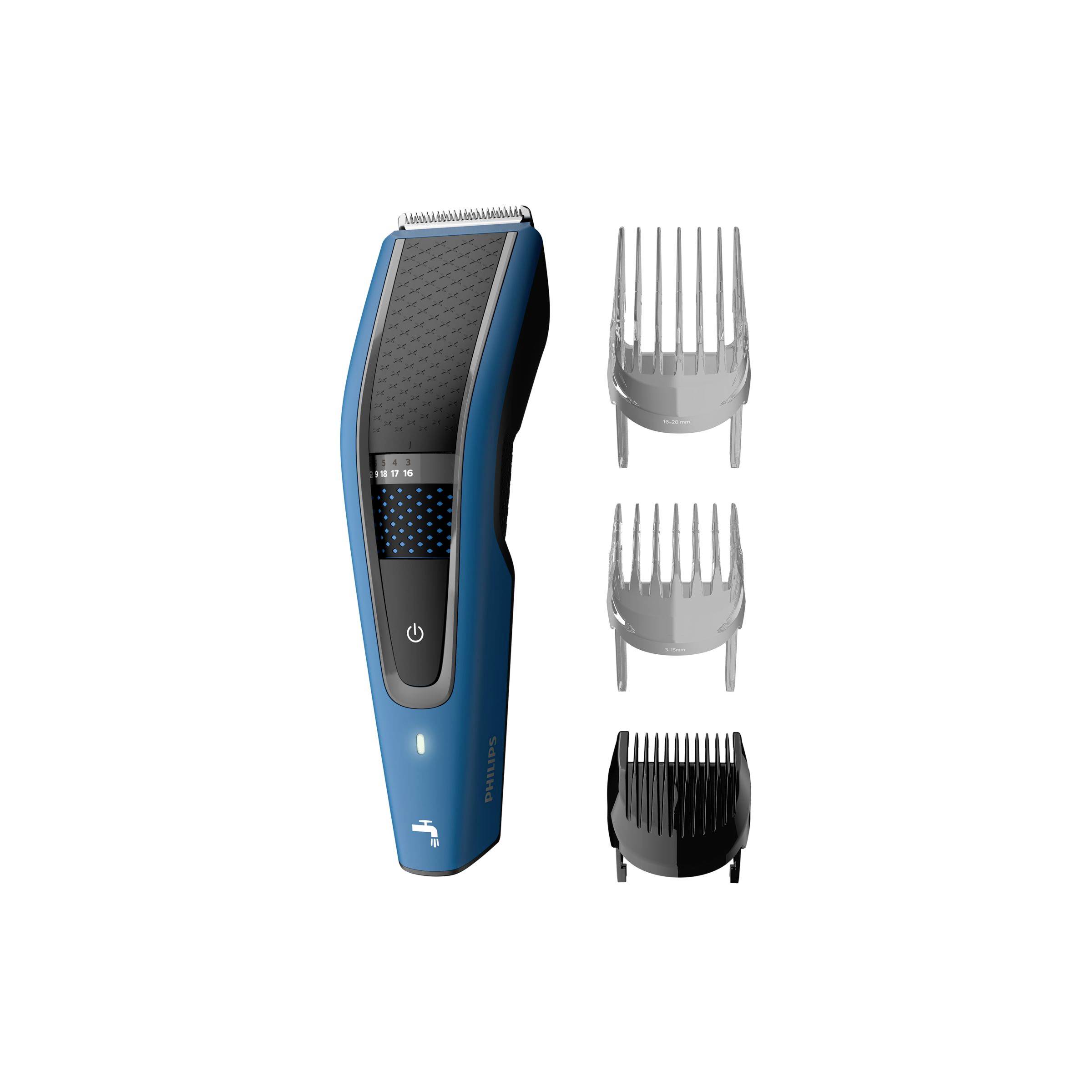 Blue electric hair trimmer with three detachable comb guards shown beside it, including two silver and one black guard.
