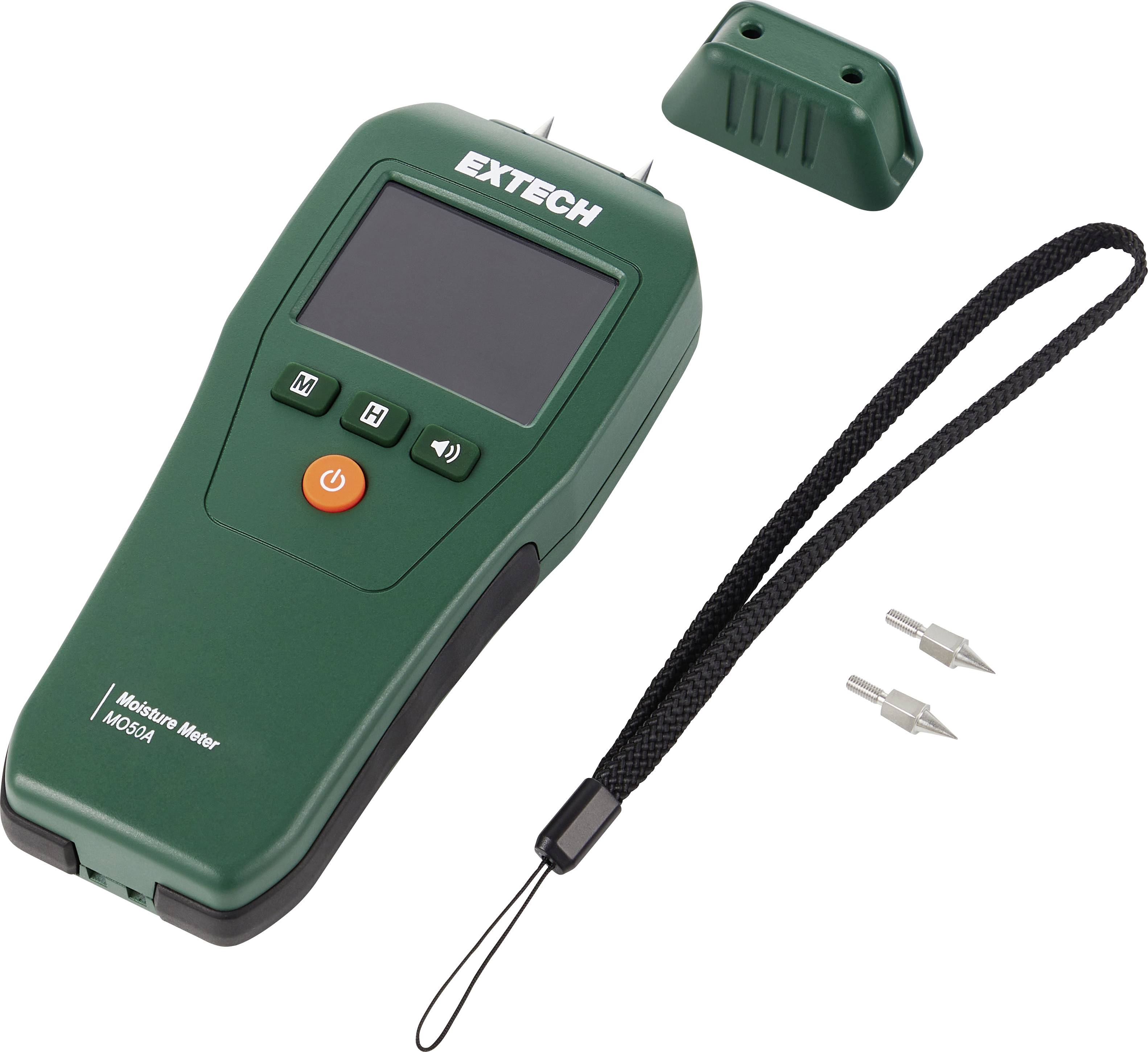 Humidimètre Green Extech avec écran, boutons, dragonne et deux pointes de sonde sur fond blanc.