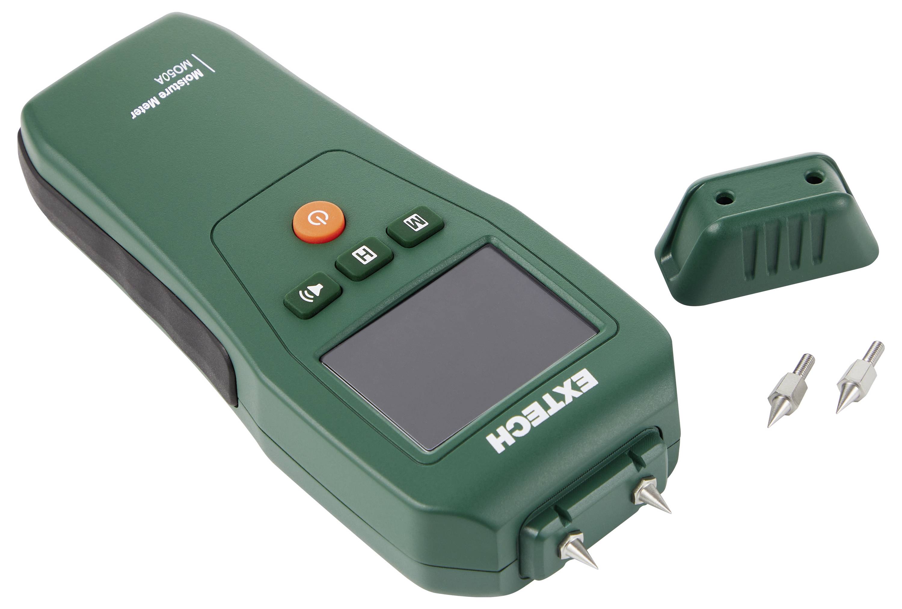 Multimètre portatif Extech vert avec écran, boutons de commande, embout de sonde et capuchon inclus plus deux sondes métalliques détachables sur fond blanc.