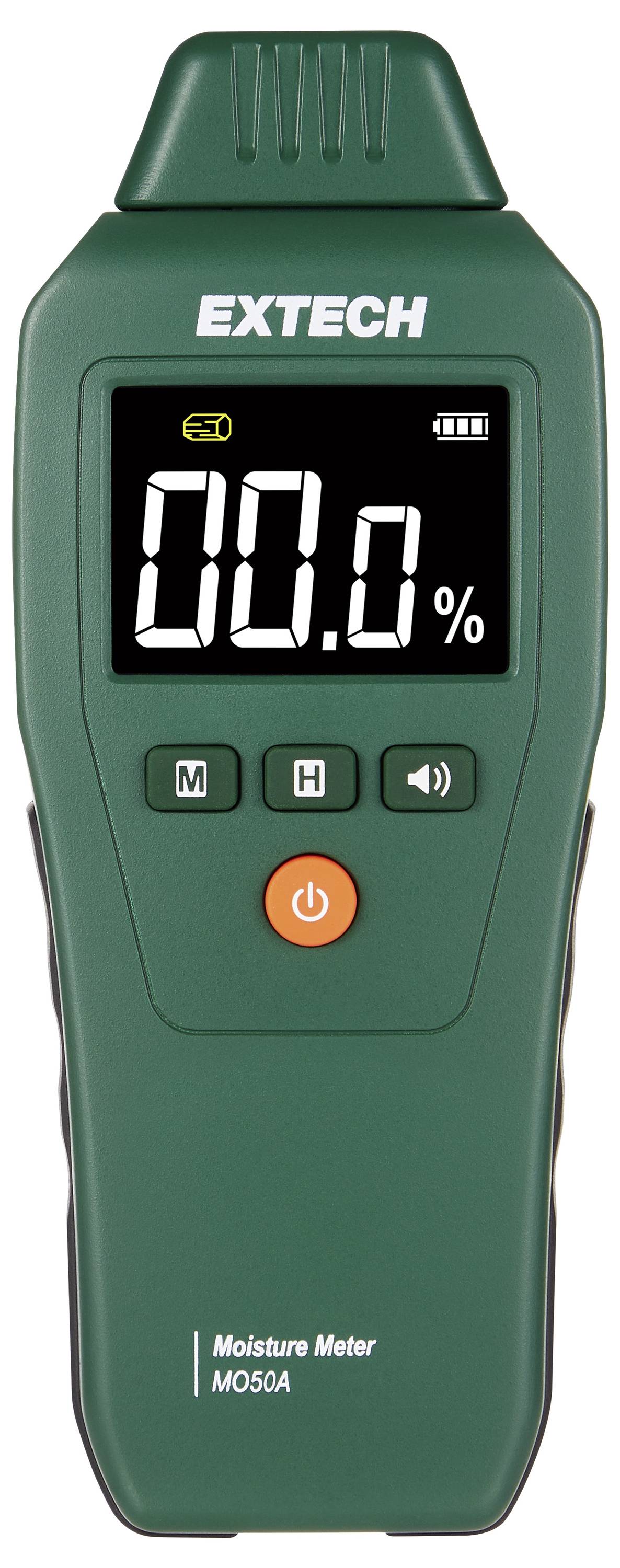 Humidimètre Extech vert affichant 00,0% sur un écran numérique, avec boutons mode, maintien, son et alimentation.