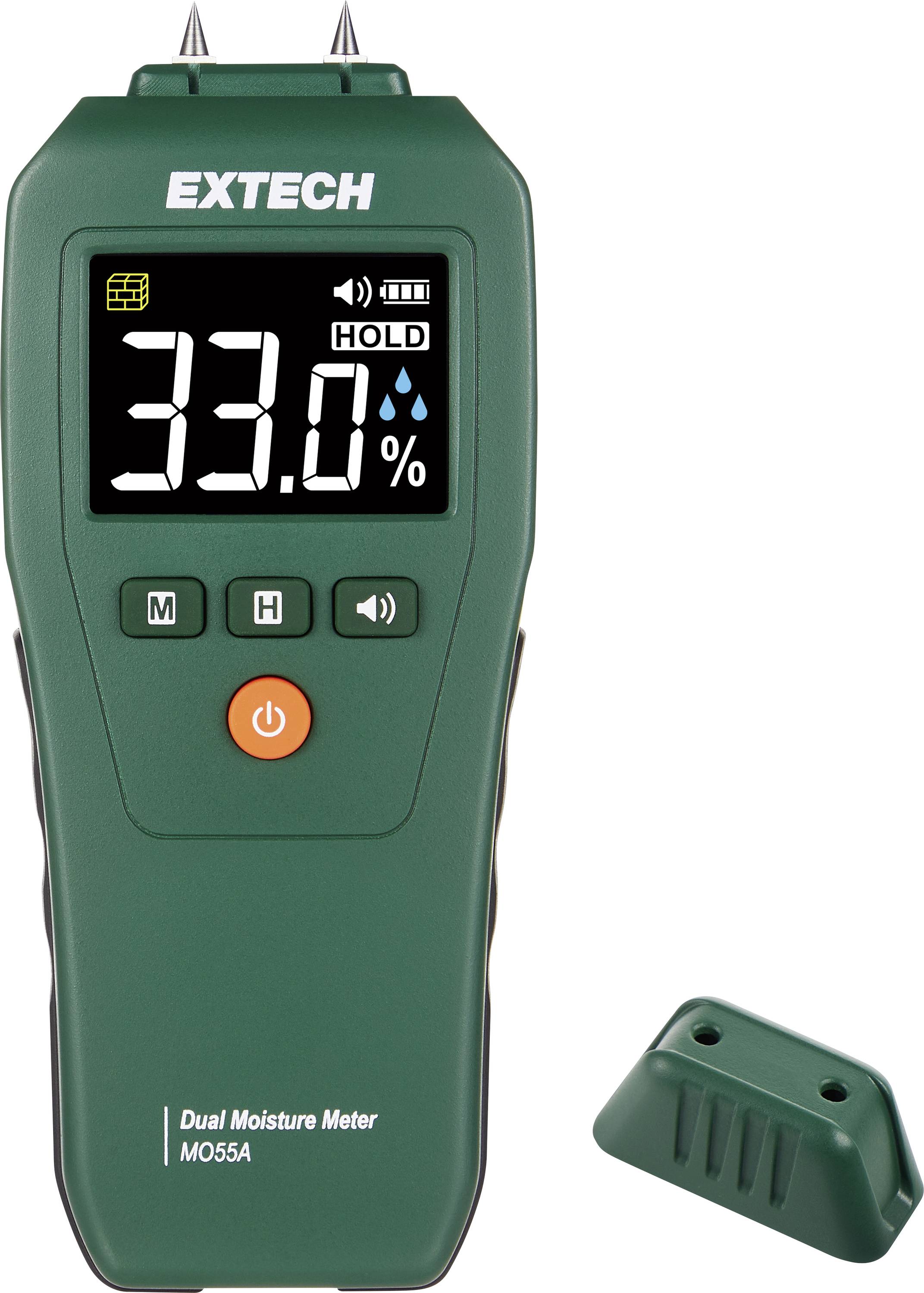 Humidimètre dual EXTECH affichant 33,0 % sur l'écran, avec un capuchon de protection détaché à côté.