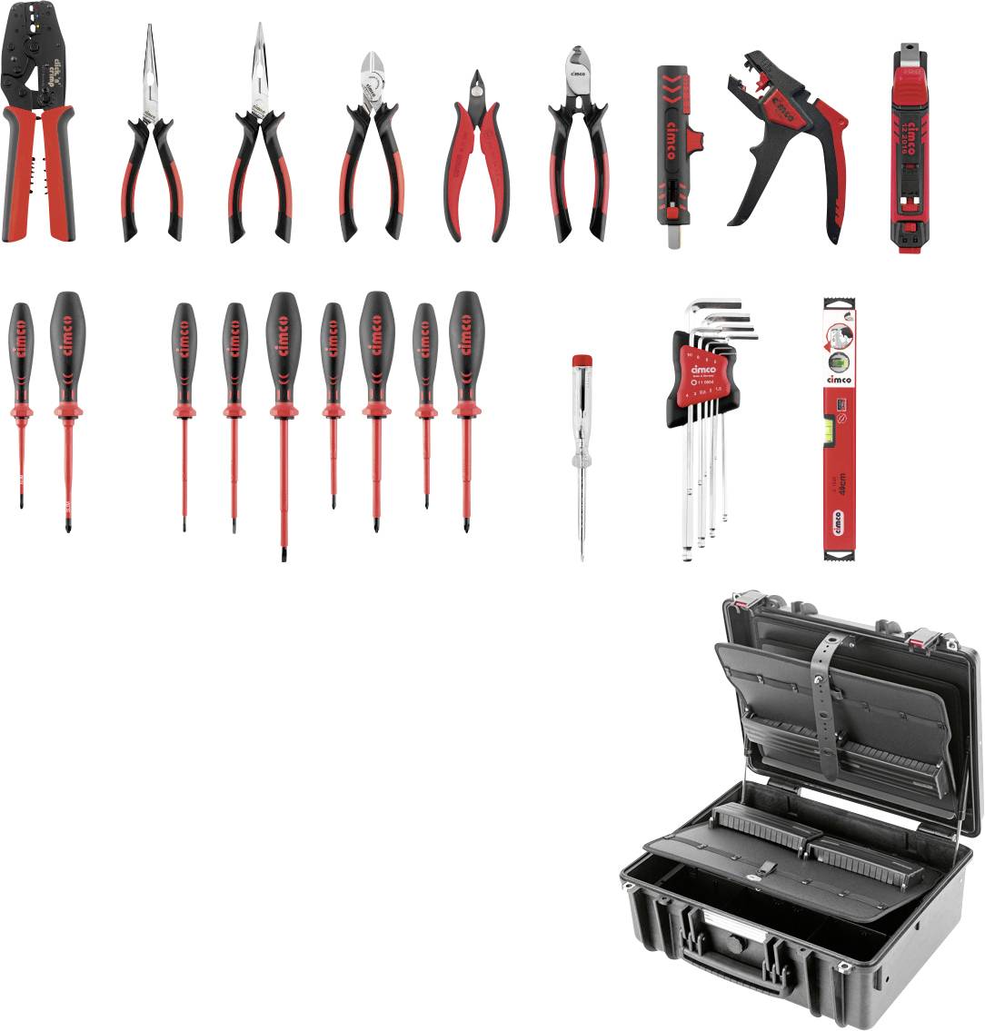 Assortiment d'outils à main rouges et noirs et un étui de transport noir arrangés sur un fond blanc.