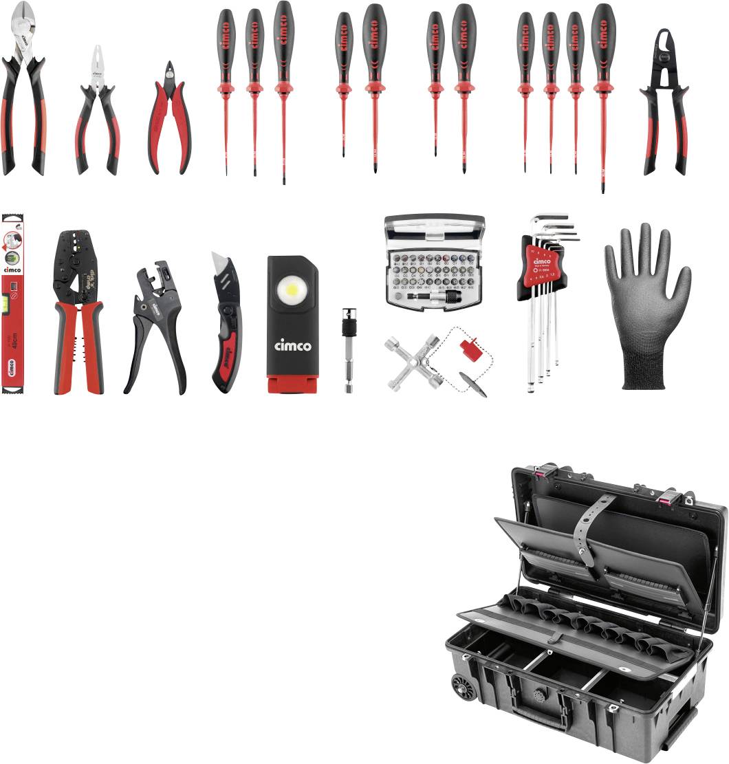 Assortiment d'outils d'électricien avec pinces, tournevis, lampes de test, dénude-câbles, gants, embouts et un coffre de rangement à roulettes.
