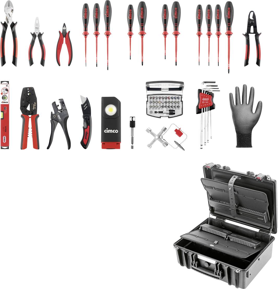 Kit d'outils électriques assortis comprenant des pinces, des tournevis, des coupe-câbles, des dénude-fils, des gants, un jeu de forets, un testeur, une lampe frontale et une mallette de transport.