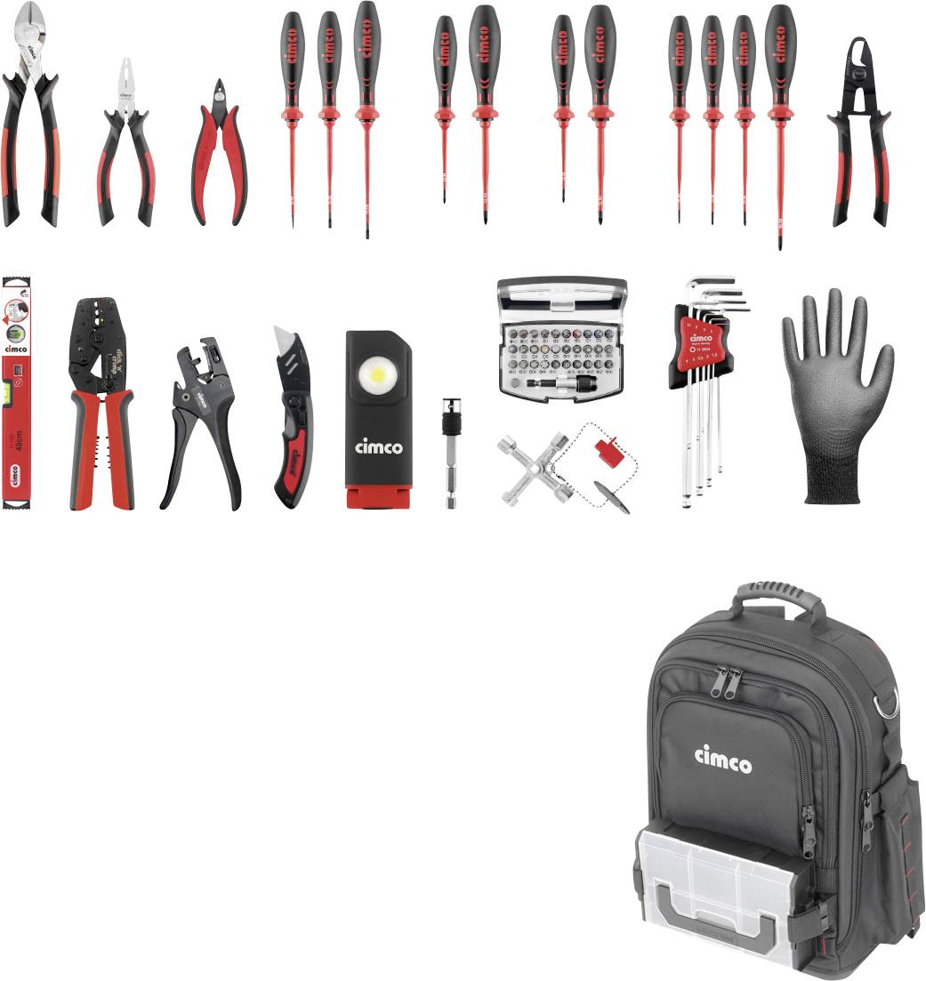 Assortiment d'outils électriques manuels et d'accessoires Cimco, comprenant des pinces, des tournevis, un testeur lumineux, un jeu de embouts, des clés hexagonales, des gants et un sac à dos pour outils.