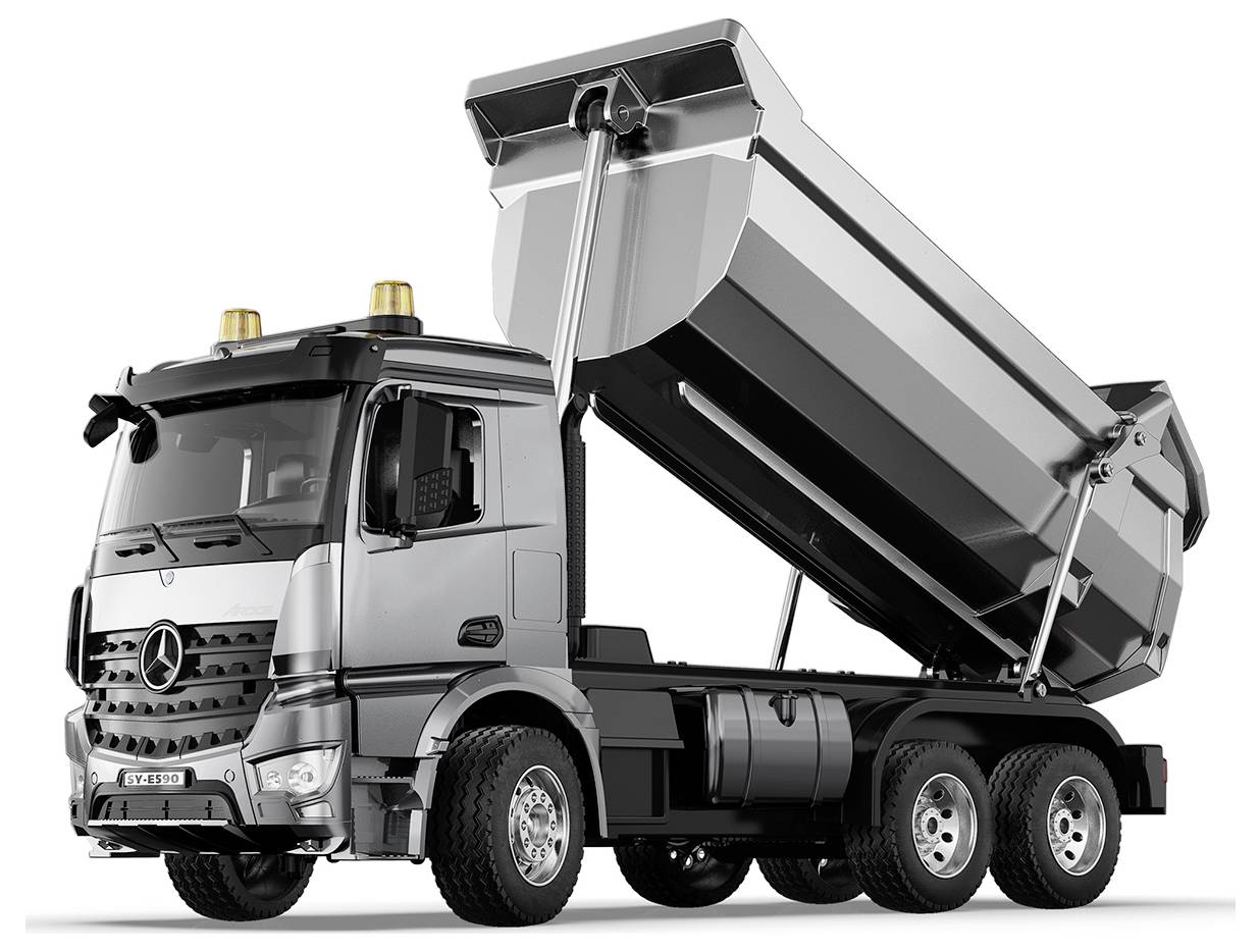 Camion benne basculante argenté avec plateau relevé, montré en vue de profil sur fond blanc.