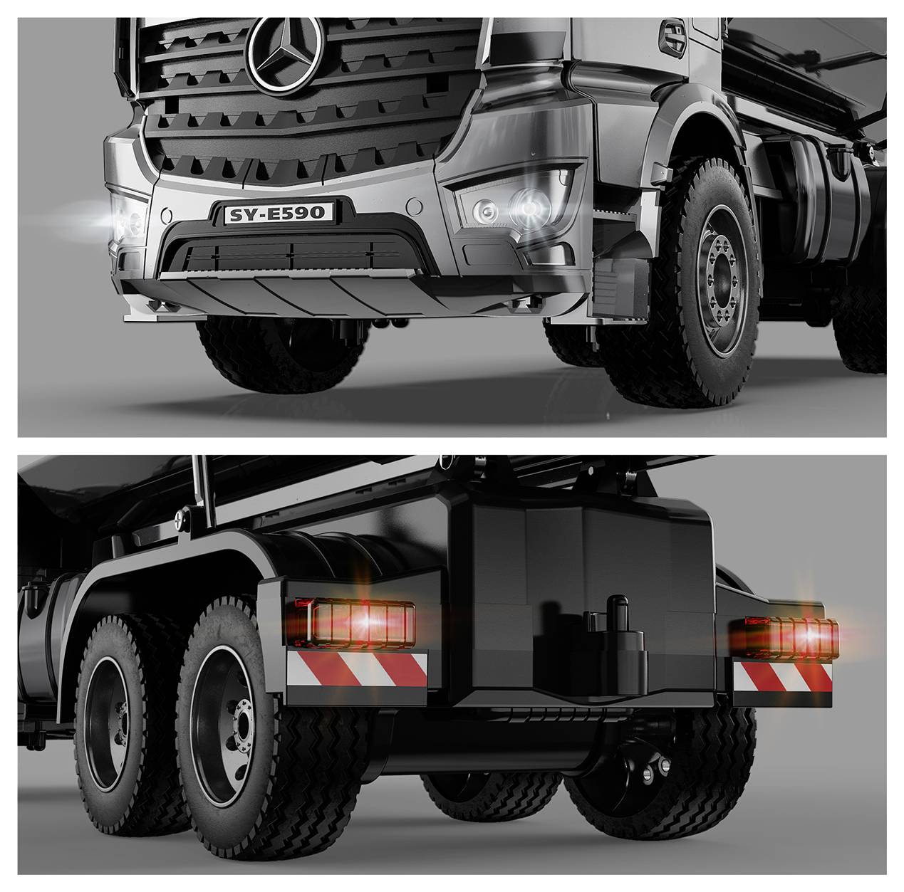 SUV tout-terrain noir avec galerie de toit, pneus surdimensionnés et housse de pneu de secours à l'arrière, présenté sur fond blanc.